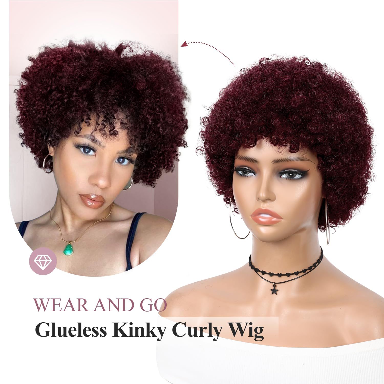 WIGER Short Afro Curly Wigs Human Hair for Black Women Afro Kinky Curly Wigs 99J Short Curly Afro Wigs None Lace for African American Lady for Daily