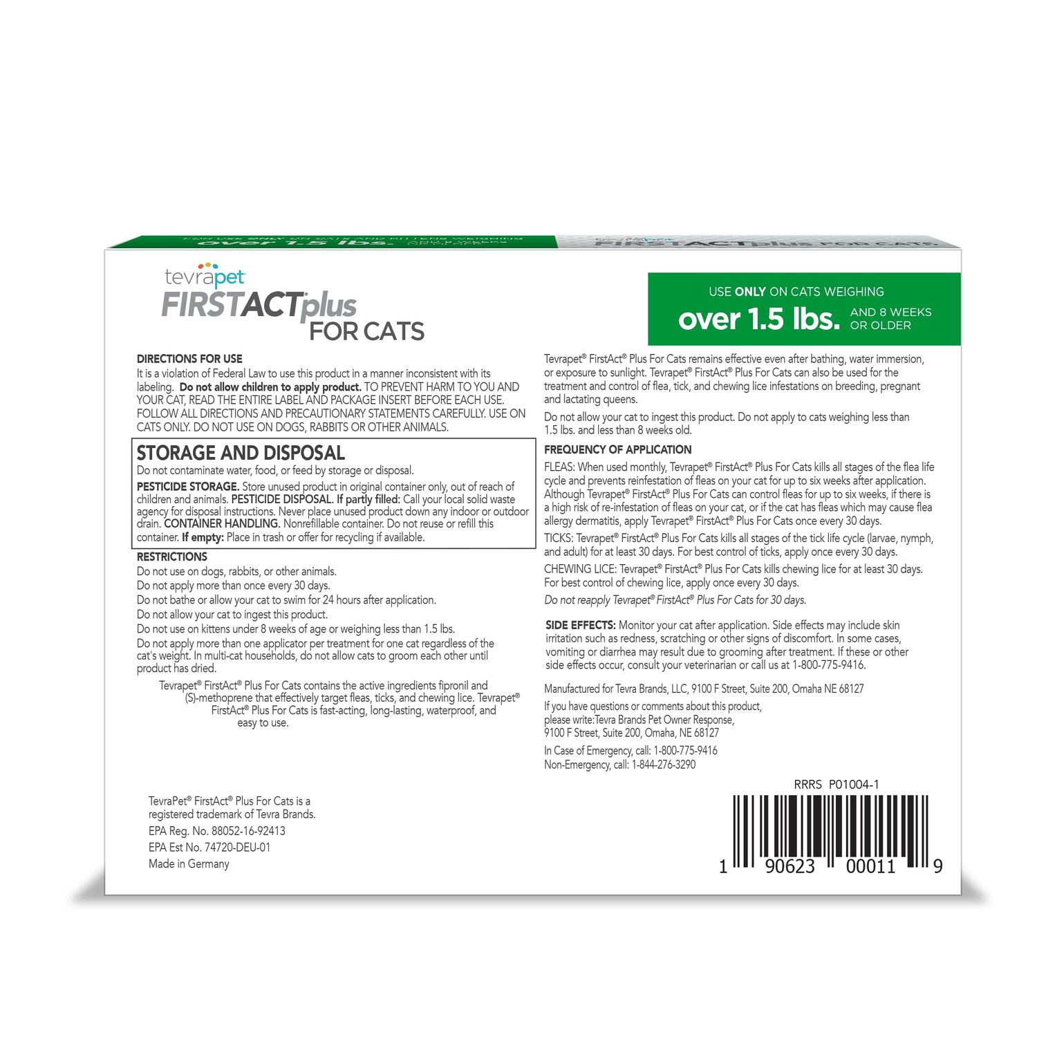 TevraPet FirstAct Plus Flea and Tick Topical for Cats over 1.5lbs, 3 Dose Waterproof Flea and Tick Control/Prevention for 3 Months