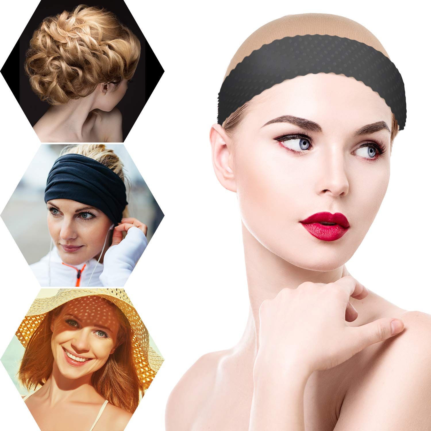 WILLBOND 3 Pieces Silicone Wig Grip Headband, 3 Pieces Nylon Wig Caps - Transparent, Dark Brown, Black - For Women Unisex Non Slip Wig Bands Sports Yoga Lace Front Wig