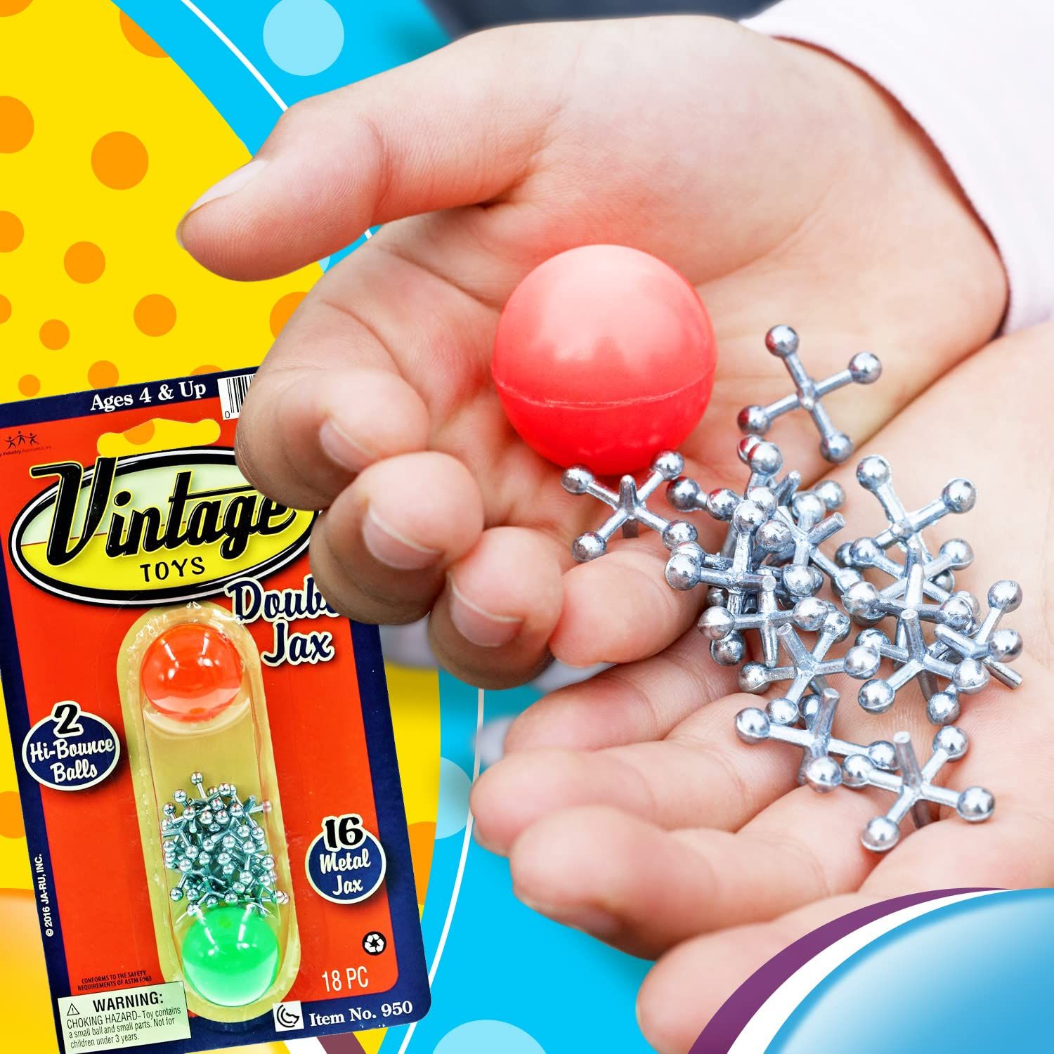 JA-RU Vintage Toys Double Metal Jacks Set (1 Pack) w/ 16 Jax & 2 Bouncy Balls. Classic Mini Game for Kids. Bulk Party Favors, Pinata Filler, Birthday Stocking Stuffers. Cat Toy 950-1B