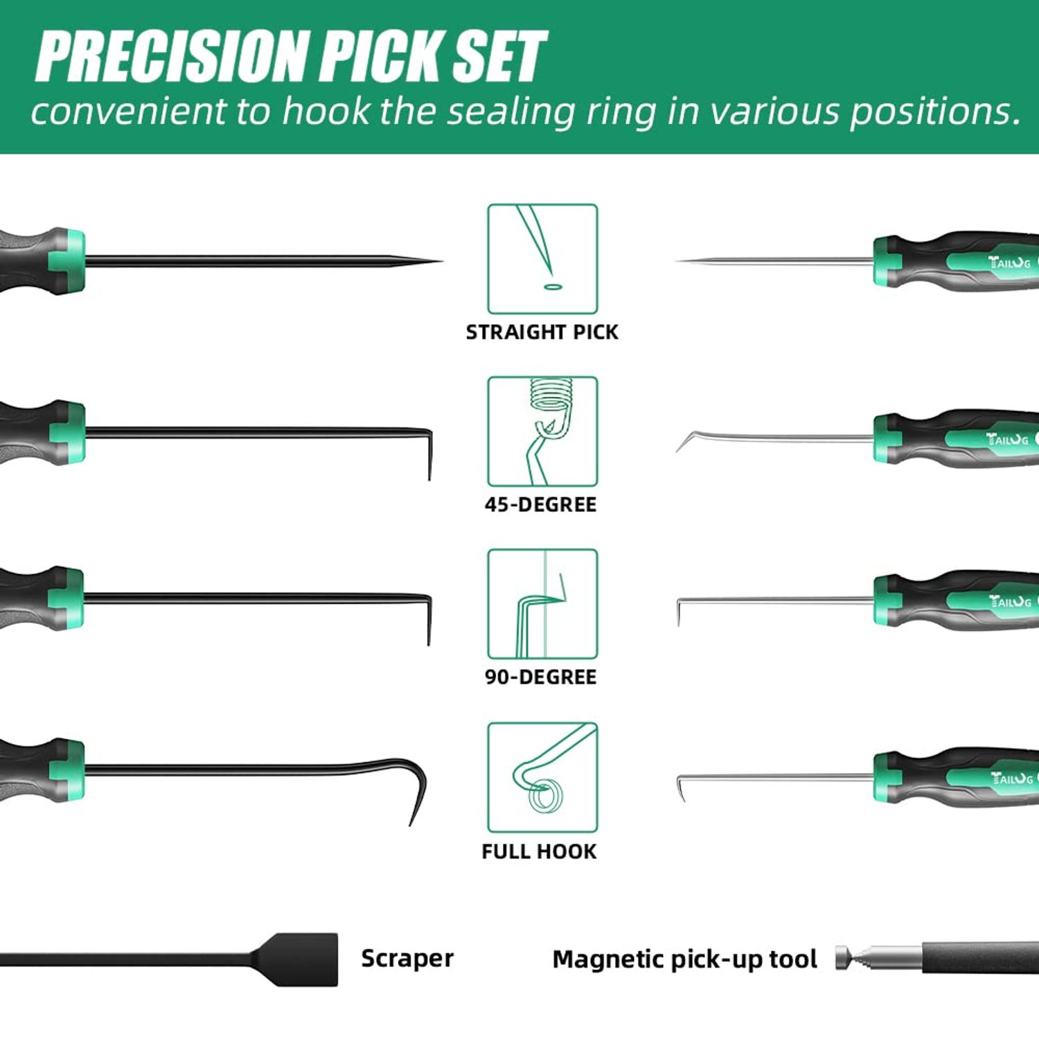 TAILUG 10 In 1 Heavy Duty Hook and Pick Set,9Pcs Precision Scraper Gasket Scraping Hose Removal Puller Hook,Car Auto Oil Seal/O-Ring Seal Gasket Pick Hook Puller Remover, Electronics Hand Tool Set