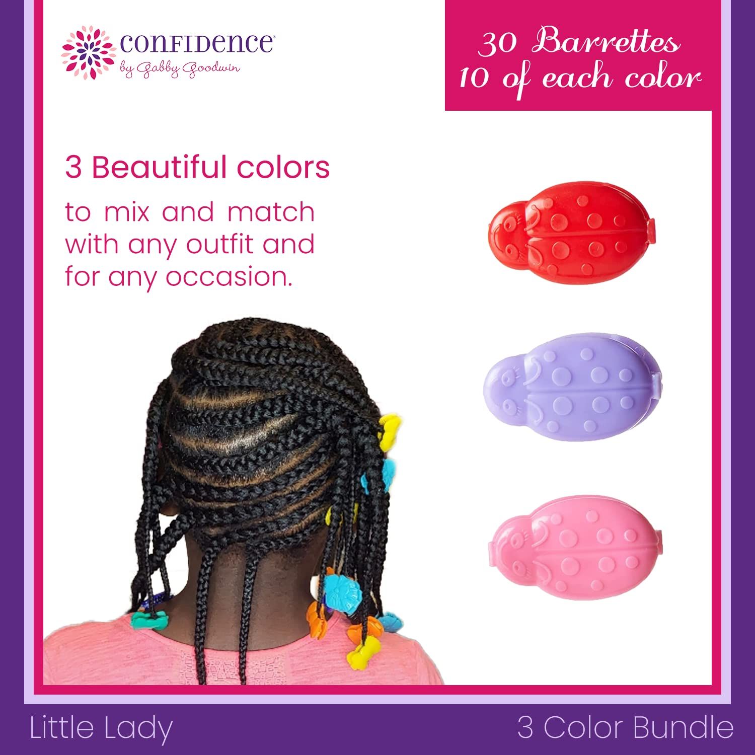 Confidence by Gabby Goodwin - Little Lady GaBBY Bows - Non-Slip Barrettes – Patented Double Sided Snap – Bows that Stay in Place and Don't Slide Out – 30 Pack – 3 Colors - Includes Children's Book
