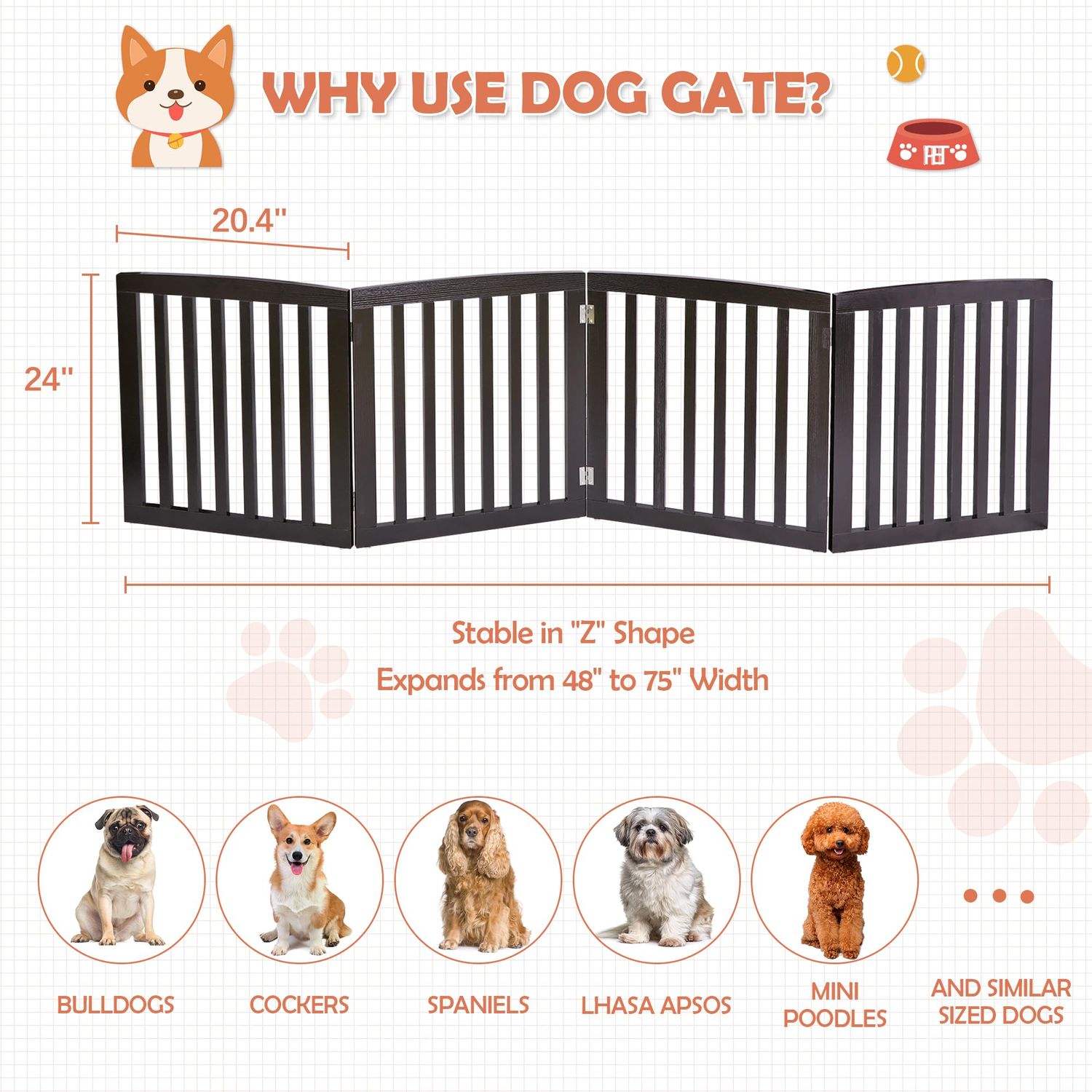 Dog Gate Pet Gate for House, Stairs, Hallways, Doorways 24Inch 4 Panels Foldable Dog Fence for Indoor Extra Wide Wooden (Coffee)