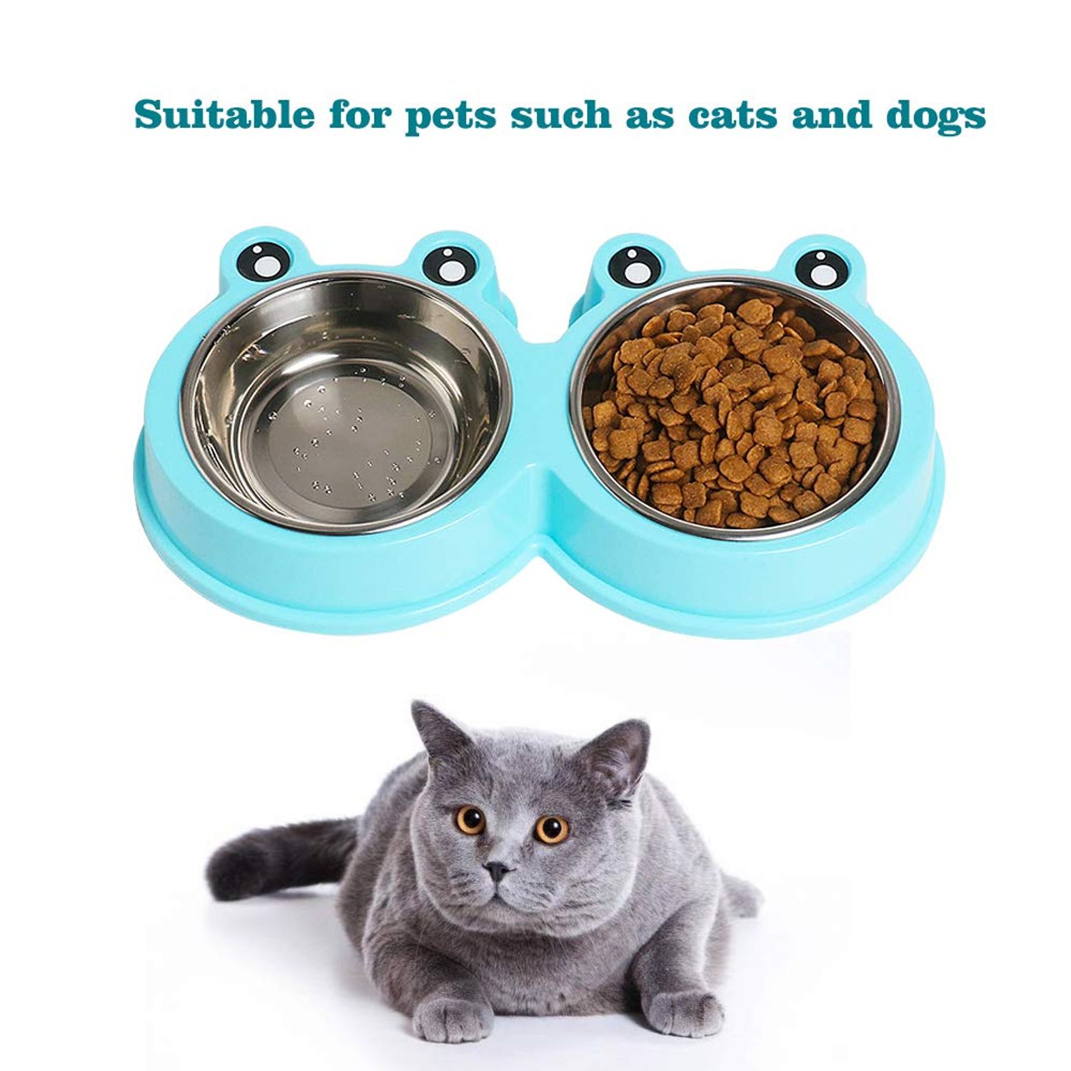 Skrtuan Double Dog Cat Bowls Premium Stainless Steel Pet Bowls with No-Slip Stainless Steel Cute Modeling Pet Food Water for Feeder Dogs Cats Rabbit and Pets