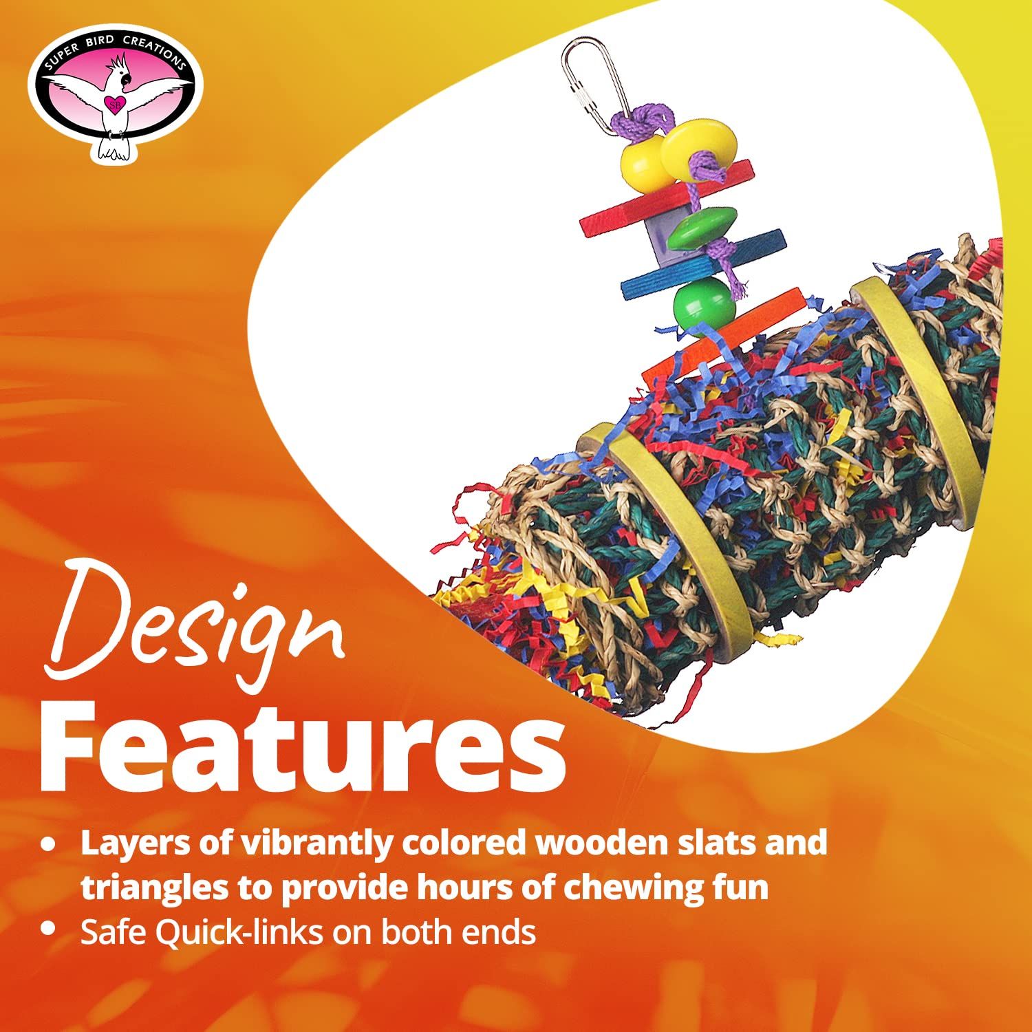 Super Bird Creations SB687 Firecracker Jr. Bird Toy - Foraging Chewing Swinging Toy for Parrots, Conures, Quakers, Pionus, Senegals - Natural Paper Shred Palm Leaves - Medium Birds, Size: 18" x 8"