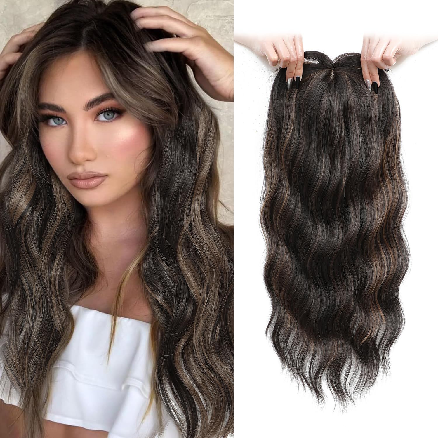 Hair Toppers for Women 20inch Wavy Hair Toppers for Women Toppers Hair Pieces for Women with Thinning Hair Ombre Highlight Synthetic Wig Clip In Hair Topper Wiglets with Fringe Bang Add Hair Volume