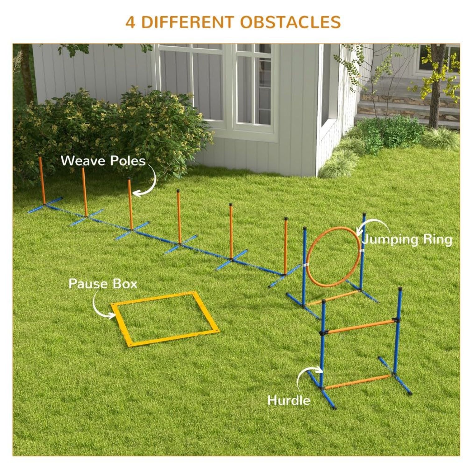 4 Pieces Dog Agility Training Equipment with Weave Poles, Adjustable Hurdle Jumping Ring, Pause Box, Whistle, Toy Balls for Backyard,Obstacle Course for Dogs Backyard (Blue + Orange, 4 Piece)
