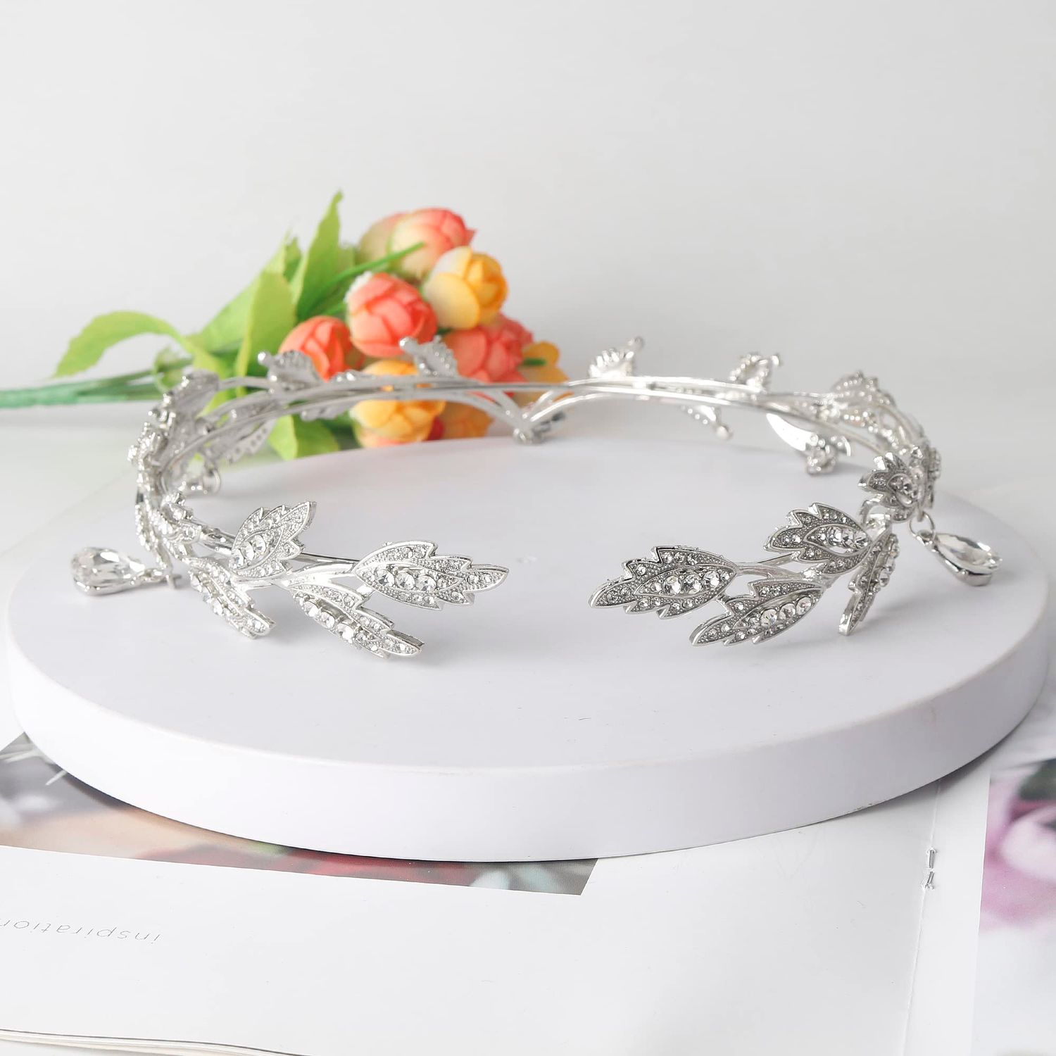DS Rhinestone Wedding Tiara Crown for Brides, Goddess elf Princess Fairy Crystal Pendent Headband Leaf Cosplay Crown for women girls Hair Accessory for Brides Pageant Wedding Prom Birthday-Silver 2
