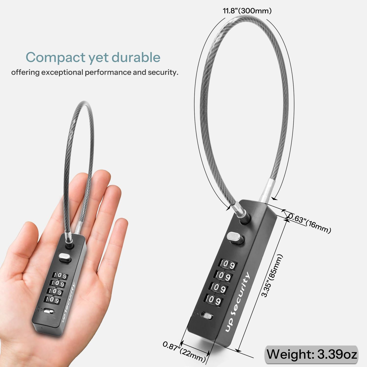 UP Security Combination Lock Keyless Cable Padlock with Steel Wire Rope, Resettable Combo Code Anti-Theft for Locker, Cabinet, Fence, Gate, Pet Door, Bike Helmet Safe (Grey, 11.8"(30cm) Short Cable)
