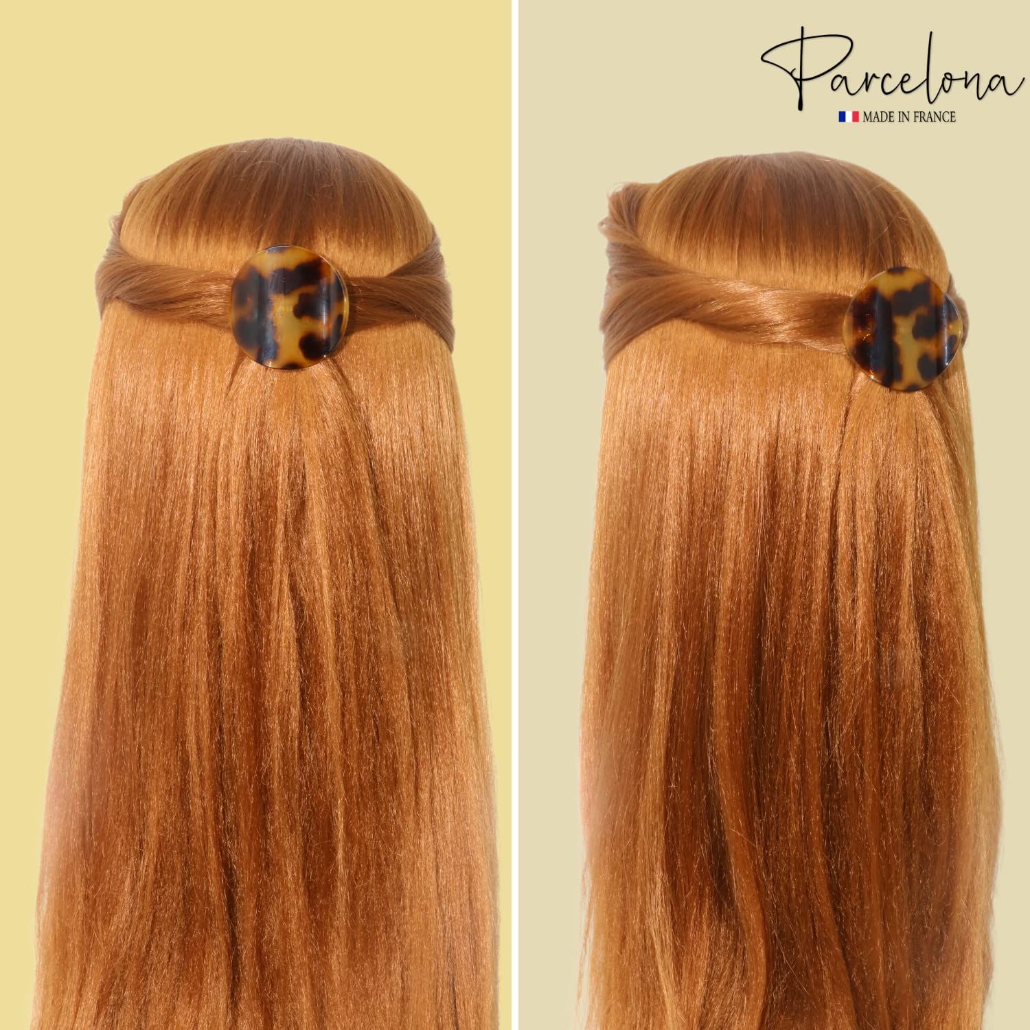 Parcelona French Onde Tortoise Shell Black and Savana Small 2” Celluloid Set of 3 Round Side Slide In Secure Grip Hair Claw for Women and Girls