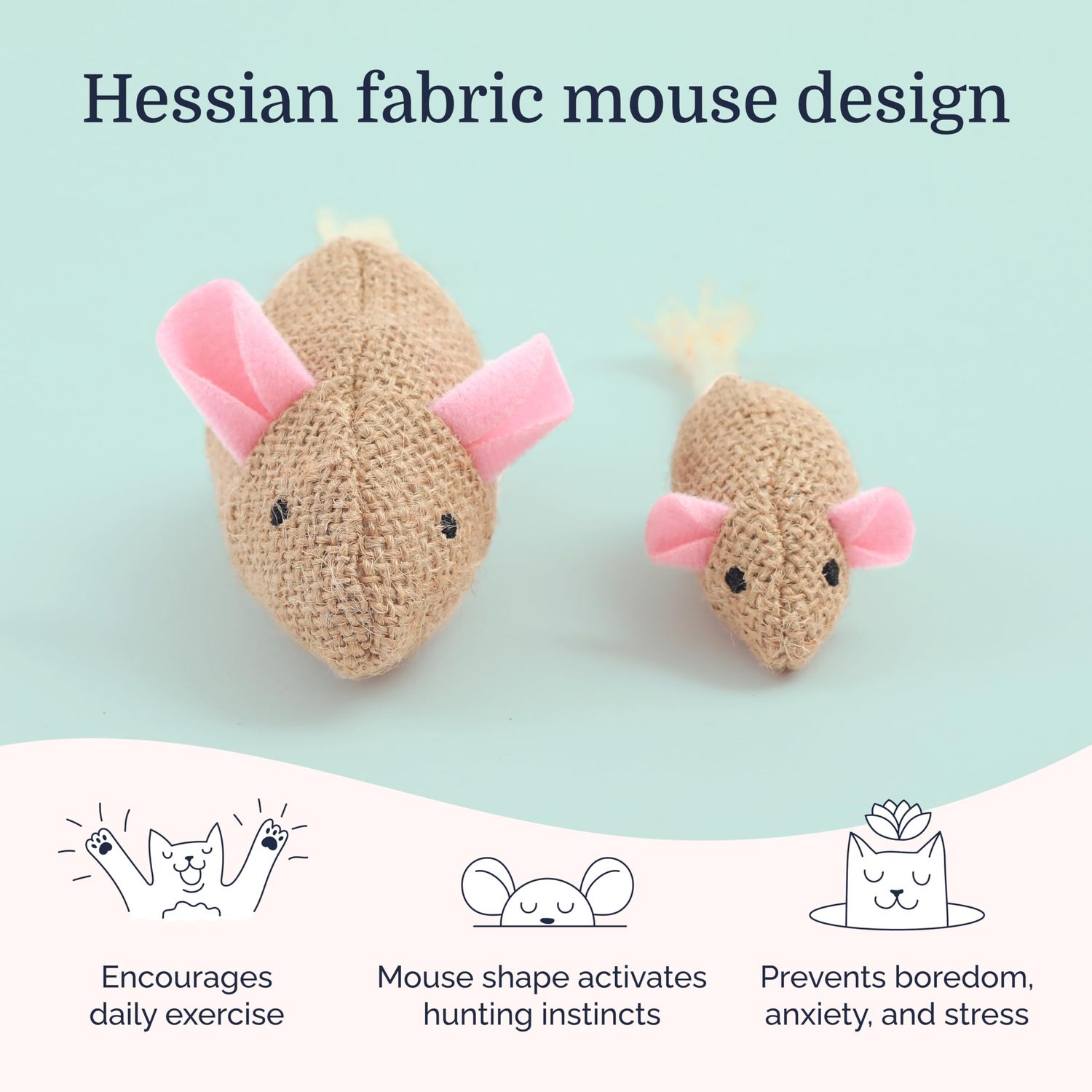 Hepper Catnip Mice Toy Set - Hessian: Premium Catnip-Infused Mice Cat Toys for Endless Play, Multi-Textured Hessian Fabric Ideal for Quiet Self-Play - 2 pcs Pet Toys for Cats for Kicking & Tossing