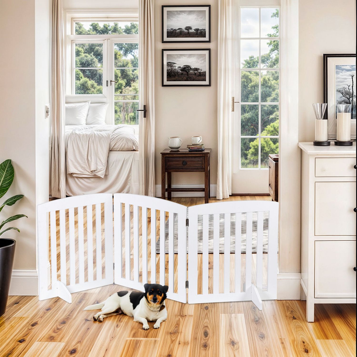24''H Freestanding Pet Gate Step Over Dog Gate Wood Dog Cat Fence Indoor Use