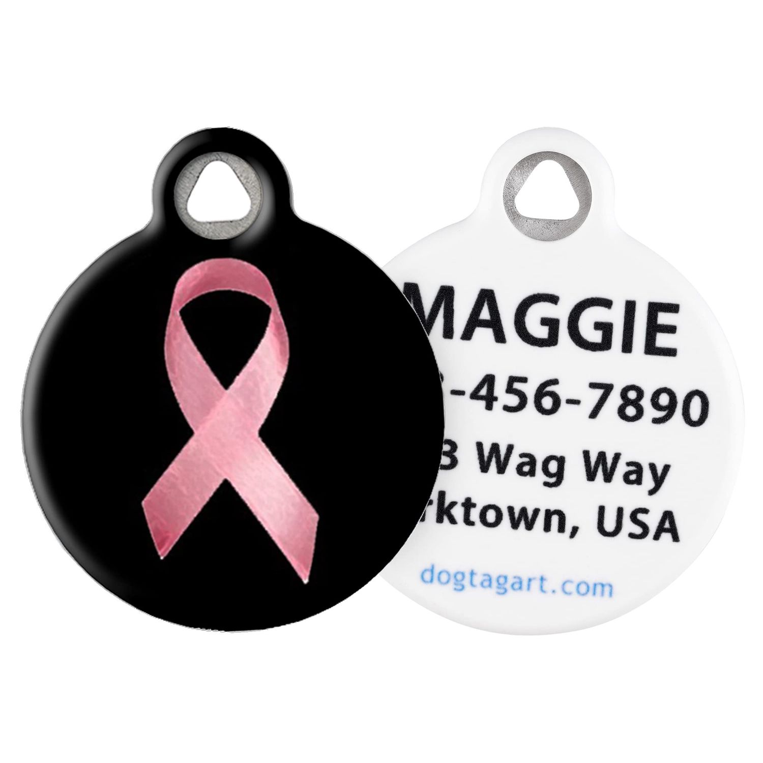 Dog Tag Art Breast Cancer Awareness Personalized Pet ID Tag for Dogs and Cats, Silent Polymer Coated Stainless Steel Nametag with Customized Identification Information, Large 1.25" Diameter