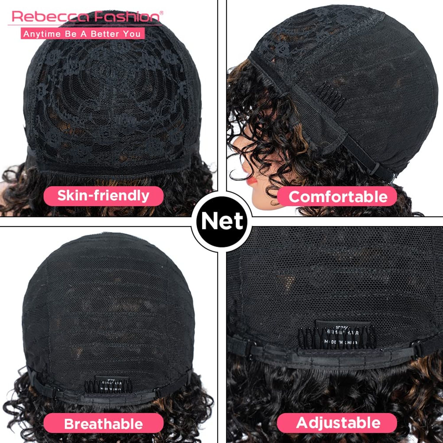 Rebecca Fashion 8" Highlight Brown Wigs for Black Women Human Hair, Short Curly Wigs with Bangs, 10A Brazilian Virgin 150% Density, Wear and Go Glueless Wigs (Black Mixed Brown)