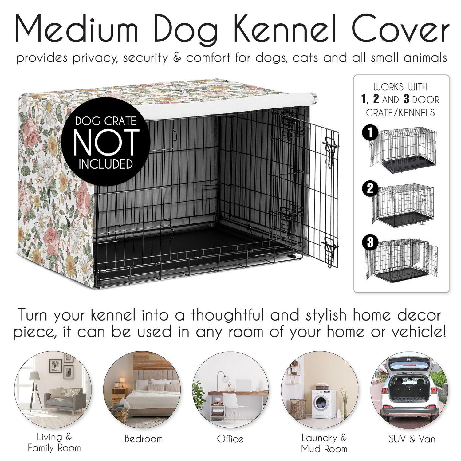 Sweet Jojo Designs Vintage Floral Boho Girl Dog Crate Cover – Kennel Covers for 36 Inch Pet Cage Medium - Blush Pink Yellow and Green Bohemian Shabby Chic Rose Flower Farmhouse White