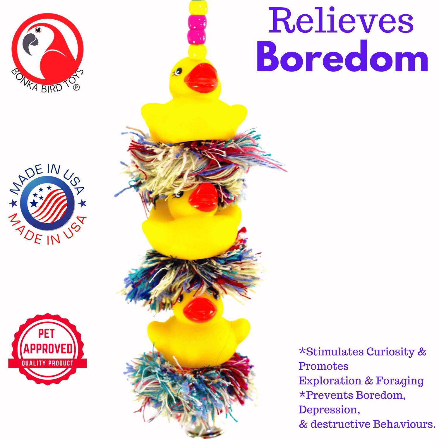 Bonka Bird Toys USA-Made 1124 Triple Ducky Plucker Medium Parrot Preening Cgae Toy, Conure, Quaker, Ringneck, and Similar