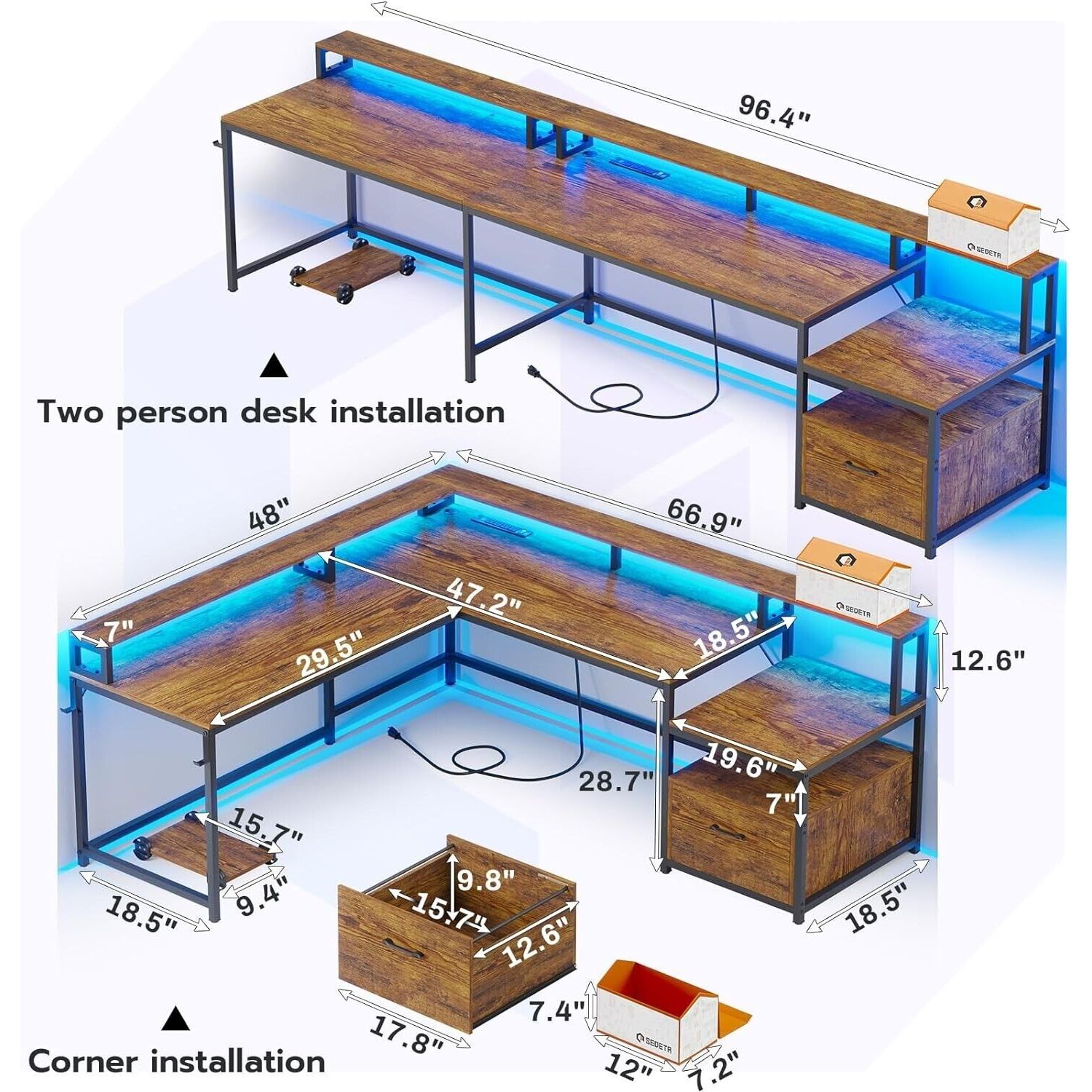 L Shaped Computer Desk with Led Light, 66" Home Office Desk with Power Outlet