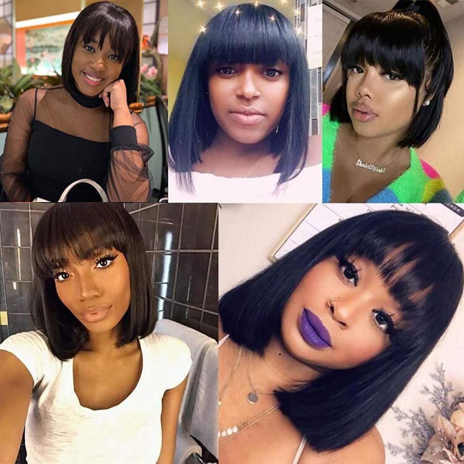 SQPLXK Short Bob Human Hair Wigs with Bangs None Lace Front Wigs Brazlian Straight Hair Machine Made Bob Wig for Black Women Natural color (8 Inch)