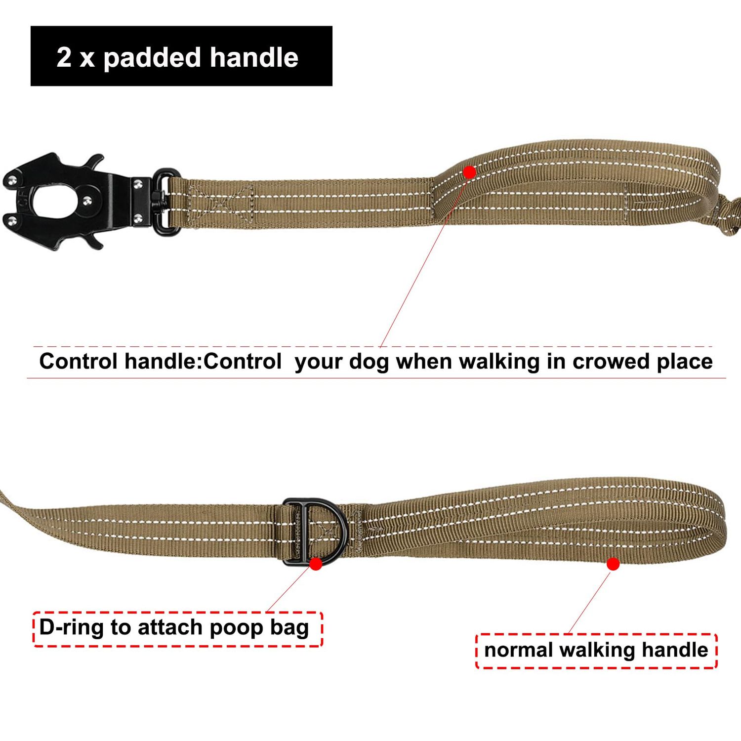 ICEFANG Tactical Dog Leash,K9 Training Walking Bungee Lead with 2 Control Handle,Heavy Duty Quick Release Metal Clasp,Hands Free D-Ring for Medium Large Dogs (6ft,Reflective Brown)