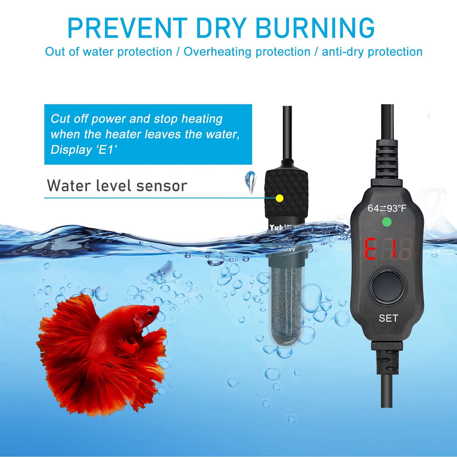 YukiHalu Small Submersible Aquarium Heater, Adjustable Mini Fish Tank Heater 25W 50W 100W 200W 300W with External Temperature Controller, LED Display, Used for 5/10/20/40/60 Gallons (25 Watts)