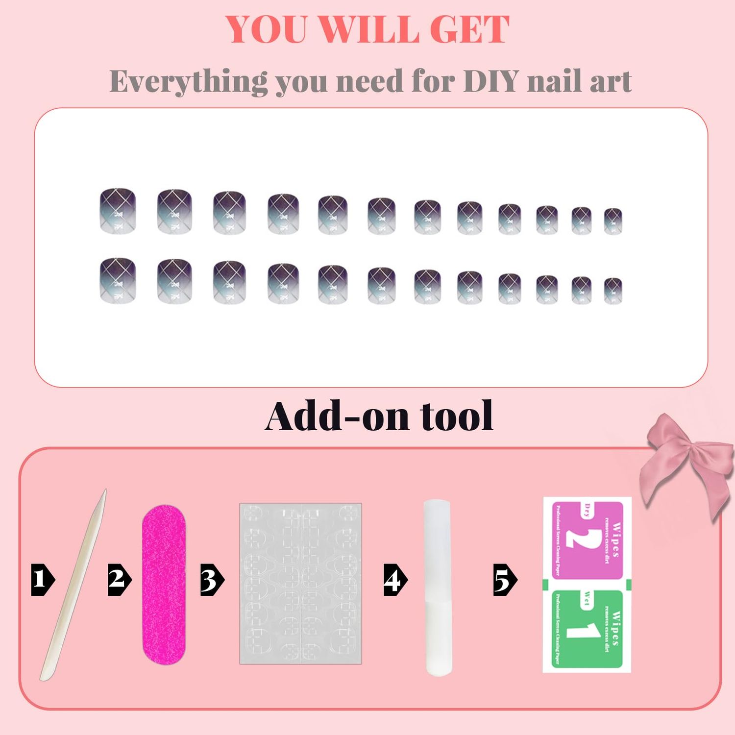 Short Fake Nails, Glue On Nails Short,Short Nails Press on, Press on Nails Short Square Acrylic False Nails with Purple Ombre Plaid Press ons Designs Artificial Nails Stick on Nails for Women 24Pcs