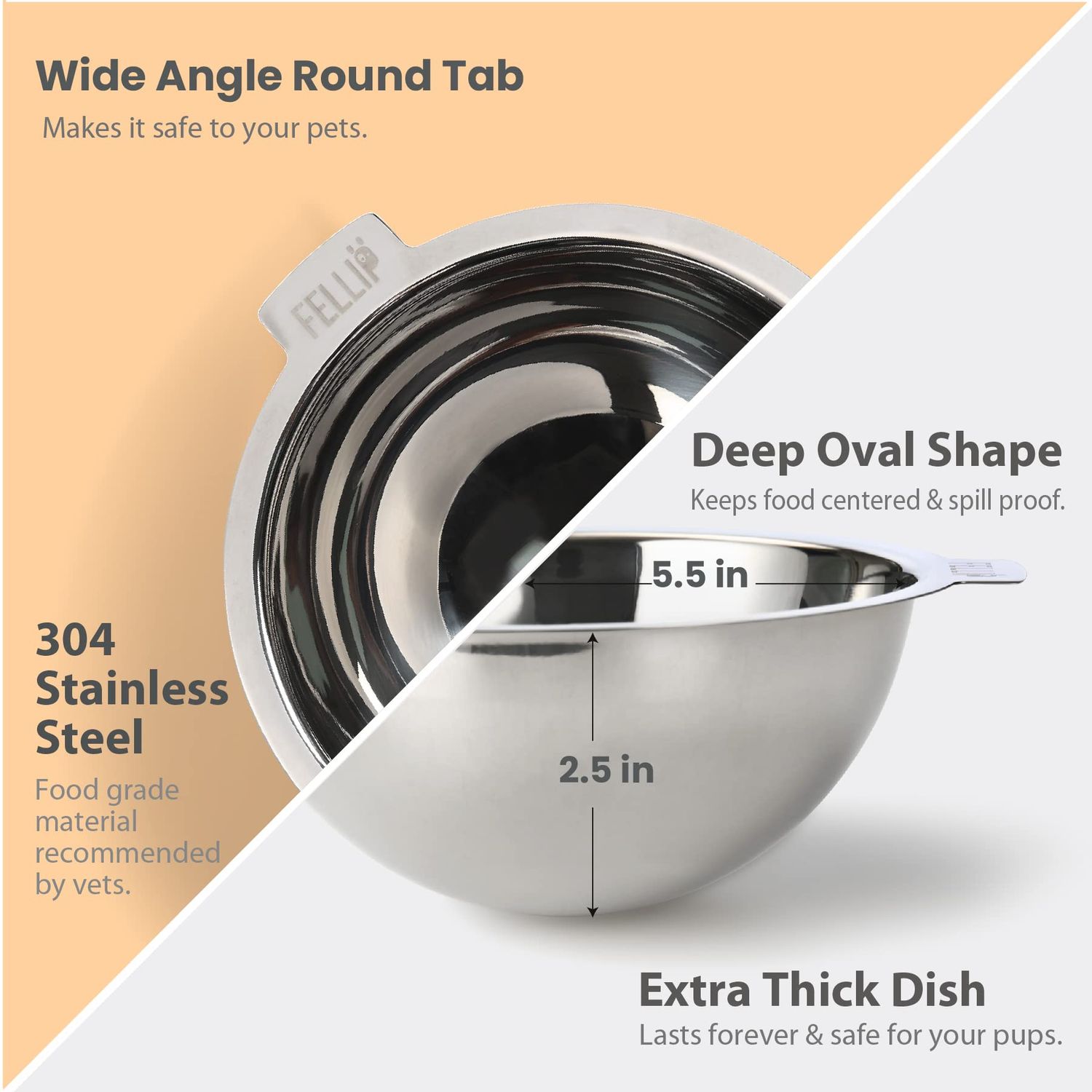 Felli Pet Oblik Acrylic Raised Dog Food Water Bowl Stainless Steel Slanted Oval Dish for Short Leg Puppy & Small Medium Pet, Elevated Tilted Metal Feeder Angled Plastic Spill Proof (1.5Cups, Gold)