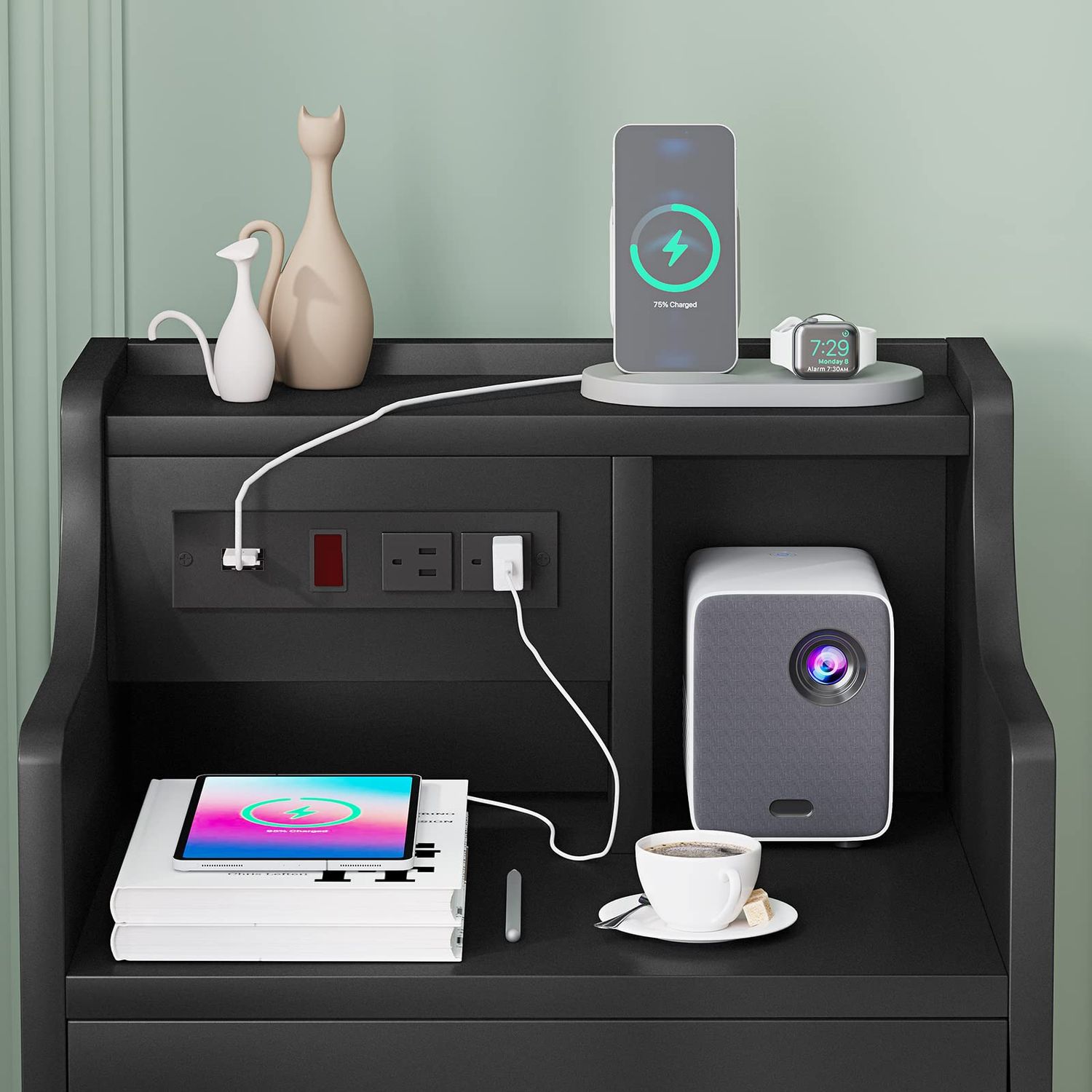 Tiptiper Black Nightstand with Charging Station 3 Drawers, Wood Sofa End Side Table with USB Ports and Outlet, Bedside Table Bedroom Nightstand with Sliding Drawer & Hutch