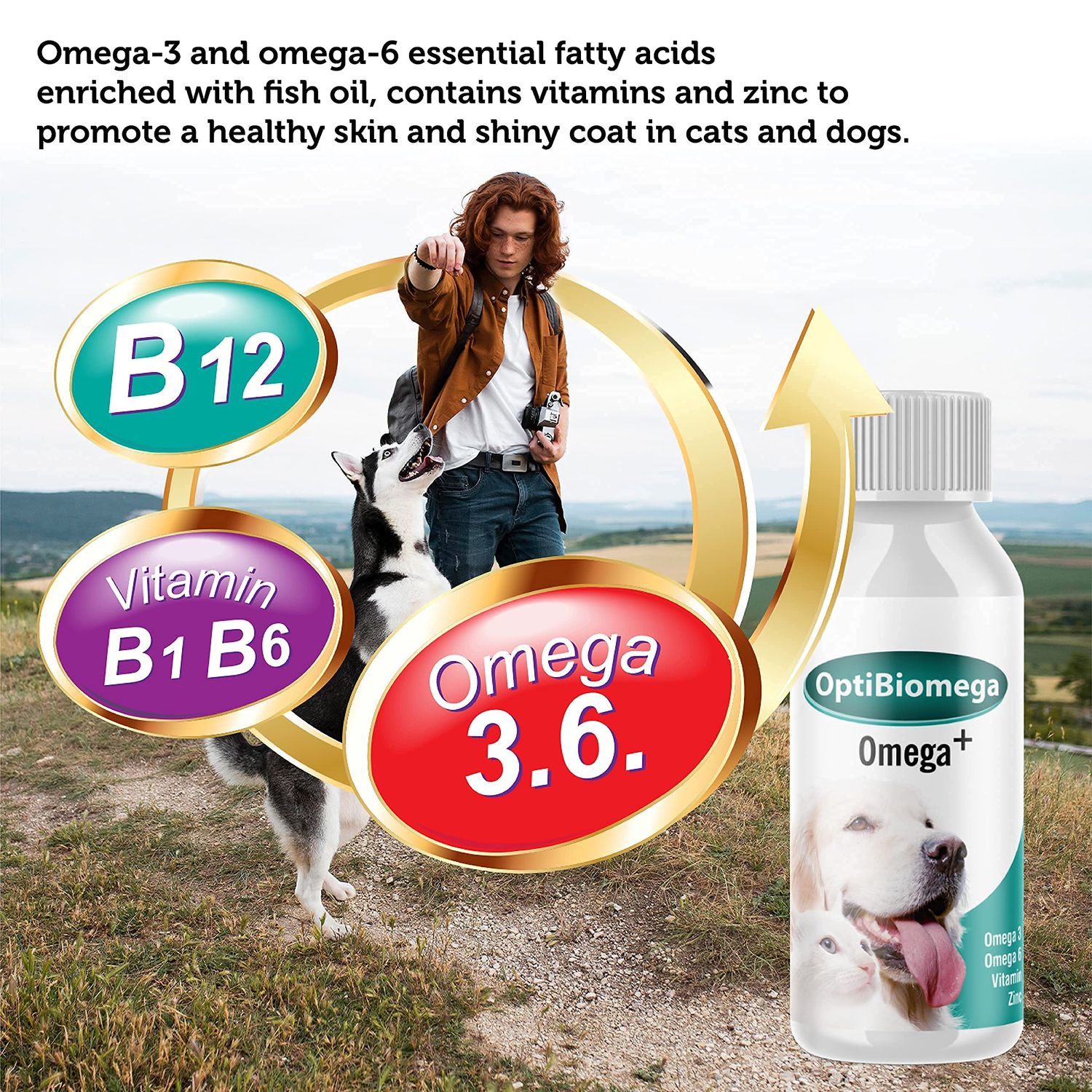 OptiBiomega Fish Oil for Dogs & Cats, Vitamins & Supplements Skin and Coat, Zinc, Omega 3 & Omega 6 Fatty Acids Support Immune Supplement, 3.38 fl oz