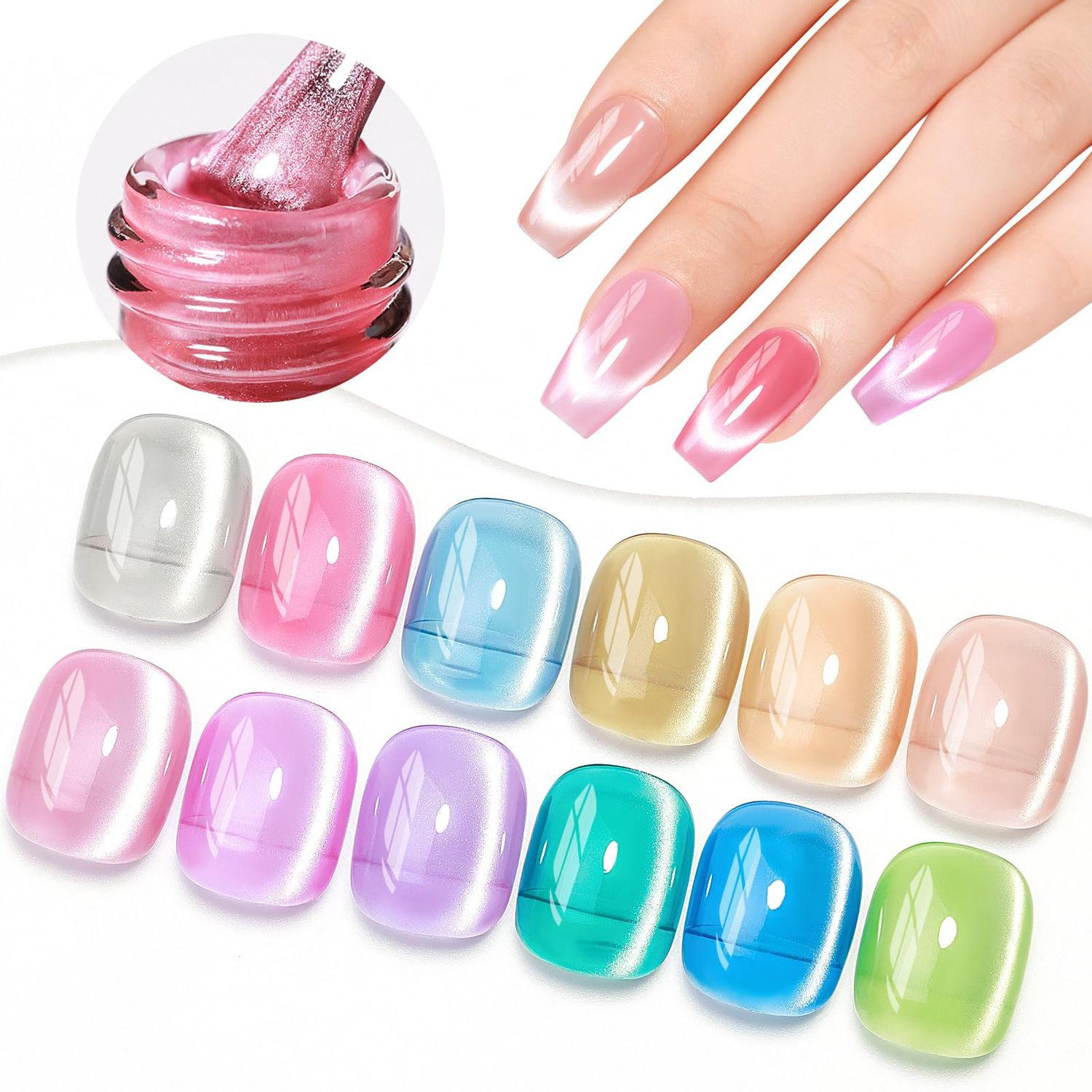 SUPWEE Cat Eye Gel Nail Polish - 12 Colors Silk Cateye Nail Polish Gel with Magnetic Stick Ceramic Moonlight Magnetic Gel Polish High Glossy Shine Effect Nail Art Manicure Home DIY for Women Girl