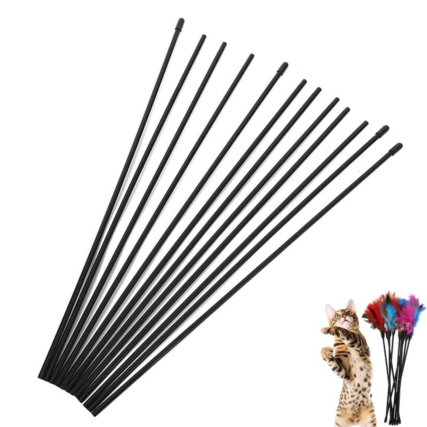 SquEqu 10 Pack Cat Interactive Toy Wand Replacement Rod 15'' DIY Kitten Teaser Plastic Tube Stick for Kitty Charmer Ribbon String Rainbow Strap Feather Plush Pet Cats Chaser Refills Bell