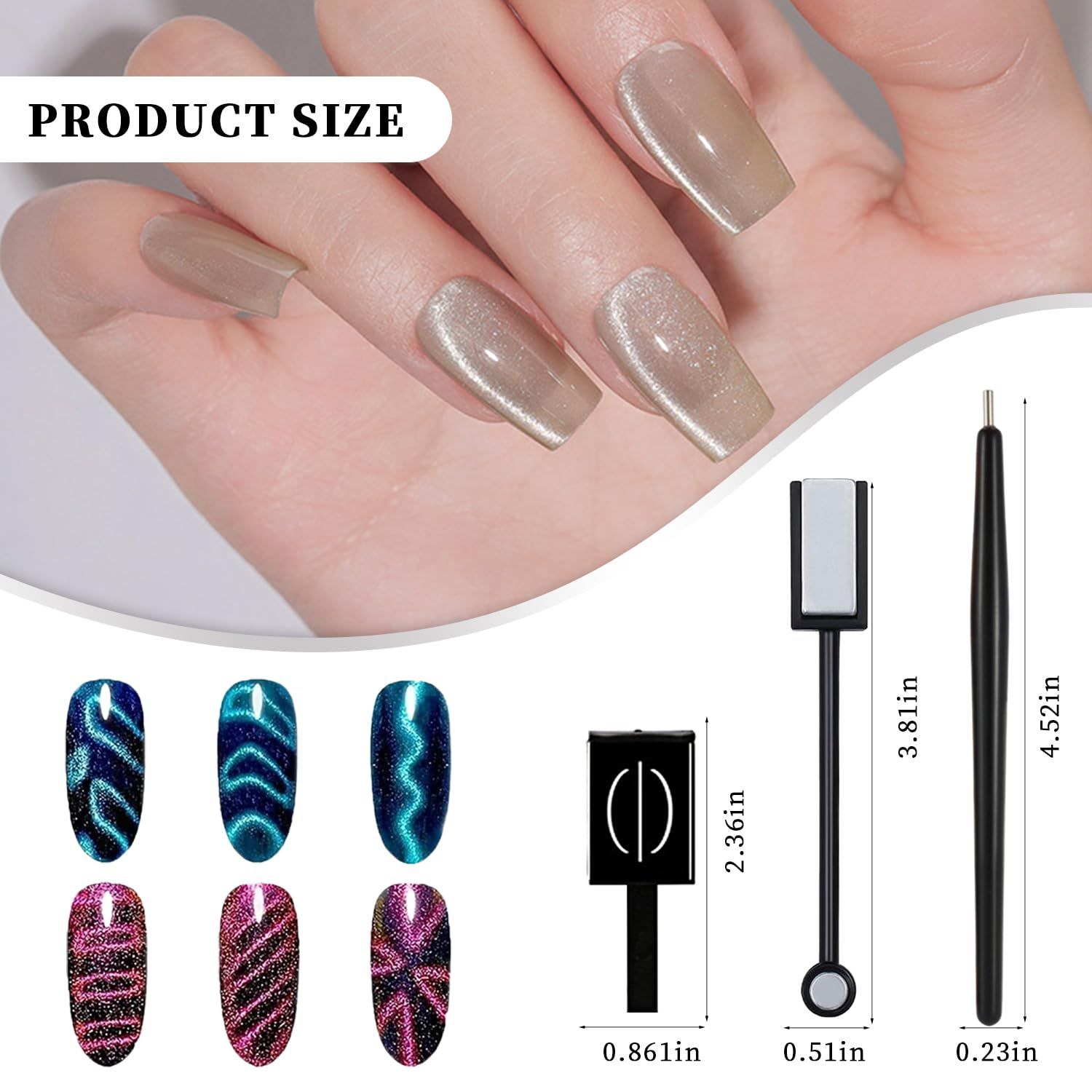 JERCLITY 12 Pieces Cat Eye Magnet for Nails Wooden Anti-Fall Handle Double-Ended Cylindrical Magnet Double-Headed Cat Eye Magnetic Stick Line Strip Magnetic for Cat Eye Gel Polish Nail Art