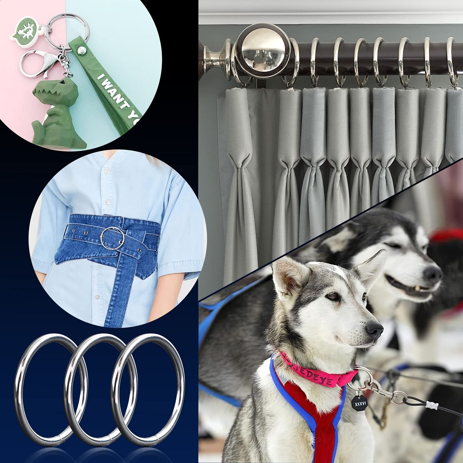 PETKNOWS 90Pcs 6 Sizes Silver Metal O Rings Multi-Purpose Heavy Duty Round Ring for Hardware Bags Belts Dog Leashes Hanging Basket DIY Craft Supplies, 15mm, 20mm, 25mm, 32mm, 38mm, 50mm