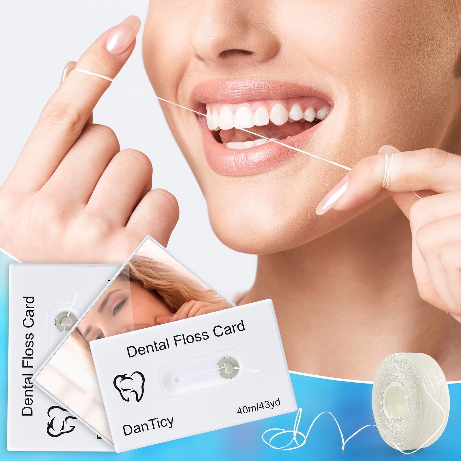 Dental Floss Deep Clean Waxed Floss in a Credit Card with Mirror,Perfect for People with Tight & Small Gaps Between Teeth Slides Smoothly & Easily,PFAS Free | Mint Flavored,40m,3 Pack(About 131Yards)