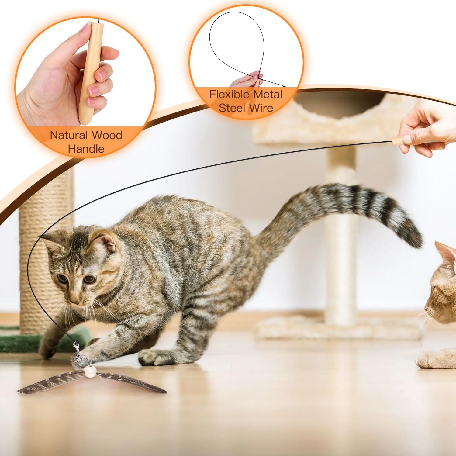 HOSFROLL Cat Toys Interactive for Indoor Cats, Cat Wand Toys with 3 Feather Refills, Sturdy Wood Handle with Flexible Steel Wire for Kitten, Feather Toys Refills for Bored Indoor Adult Cats