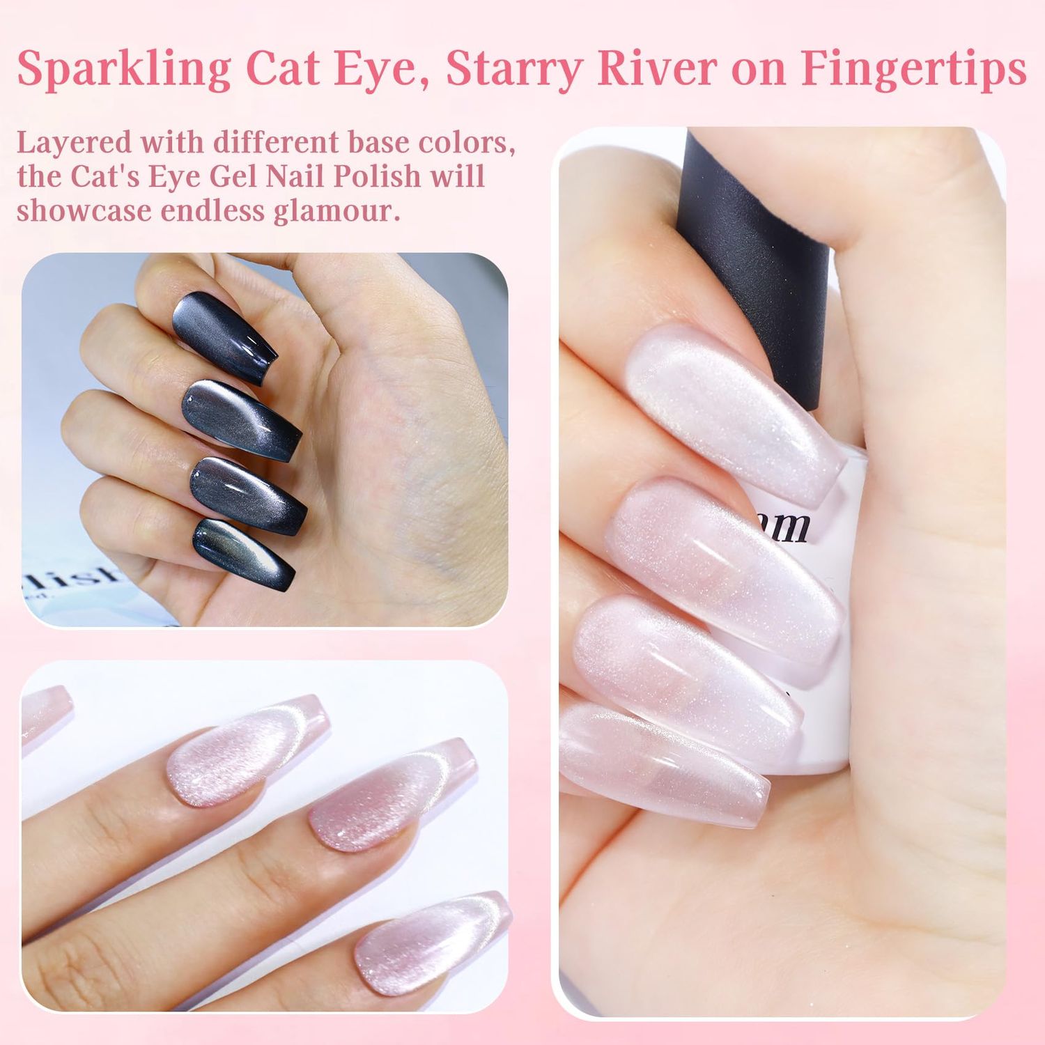 Creaglam Cat Eye Gel Nail Polish Set, 3 Pcs Gel Polish 1 Silver Shimmer Velvet Gel Nail Polish and 2 Colors Gel Polish (Pink and Black) Holographic Nail Polish with Magnet UV Gel Nail Art