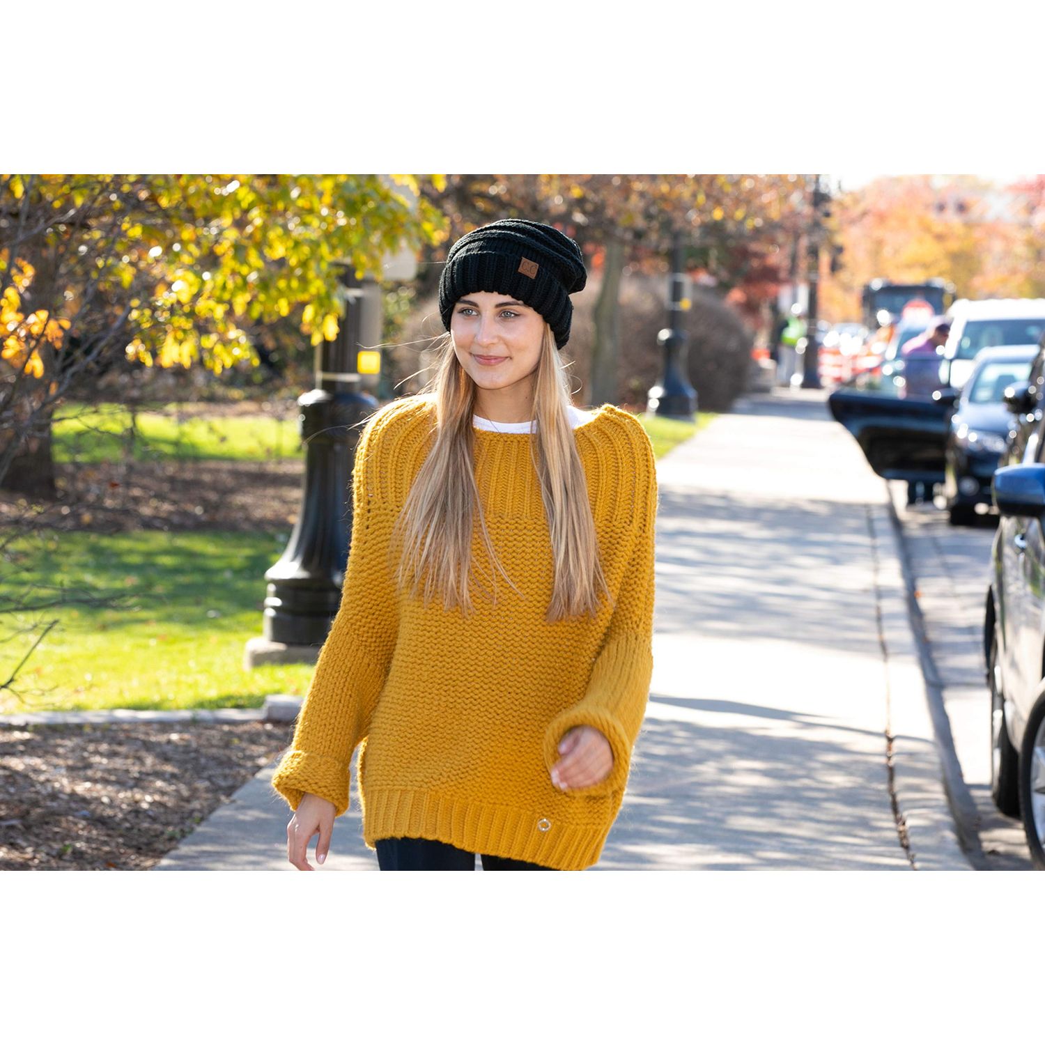 Women's Oversized Slouchy Chunky Knit Beanie Hat - Mustard