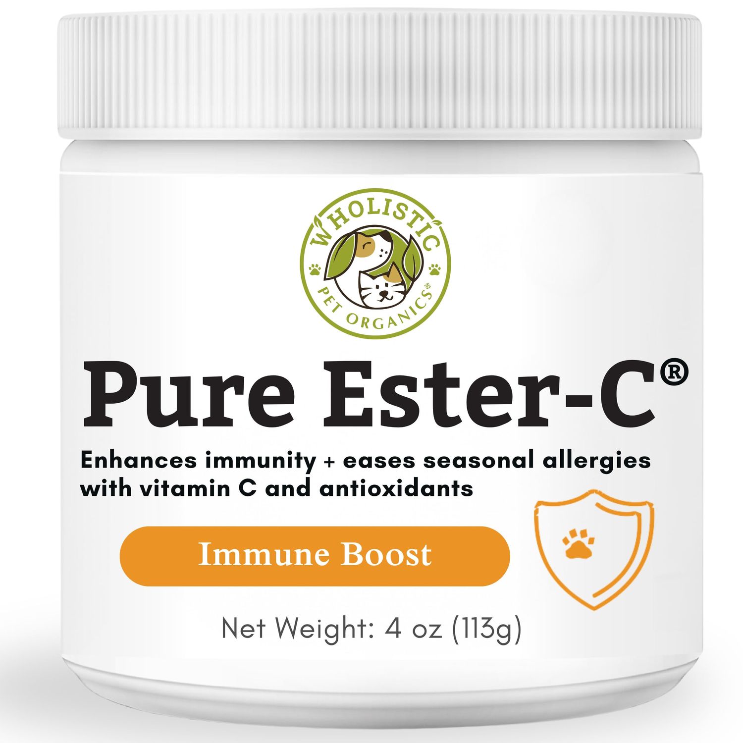 Wholistic Pet Organics Pure Ester-C Powder for Dogs & Cats - 4 Oz - Vitamin C Supplement for Immune Support, Skin & Coat Health, & Allergy Relief - Dog Vitamin Powder for Itchy Skin & Homemade Food