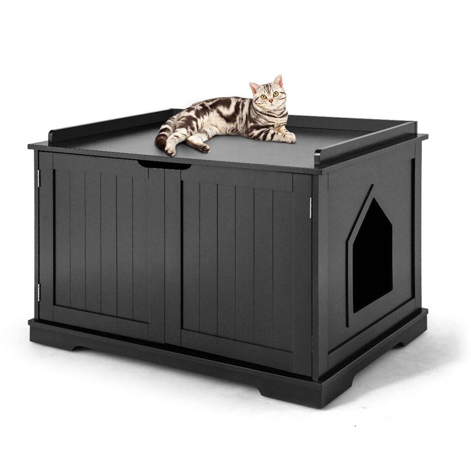Costway Cat Litter Box Wooden Enclosure Pet House Washroom Storage Bench Black