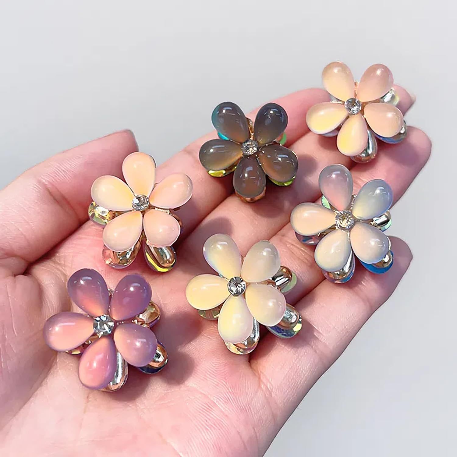 Doromy 10 Packs Mini Flower Crystal Claw Clips Small Opal Hair Clips Spring Floral Pearl Hair Clip Small Metal Hair Claw Barrettes for Women's and Girls Hair Accessories