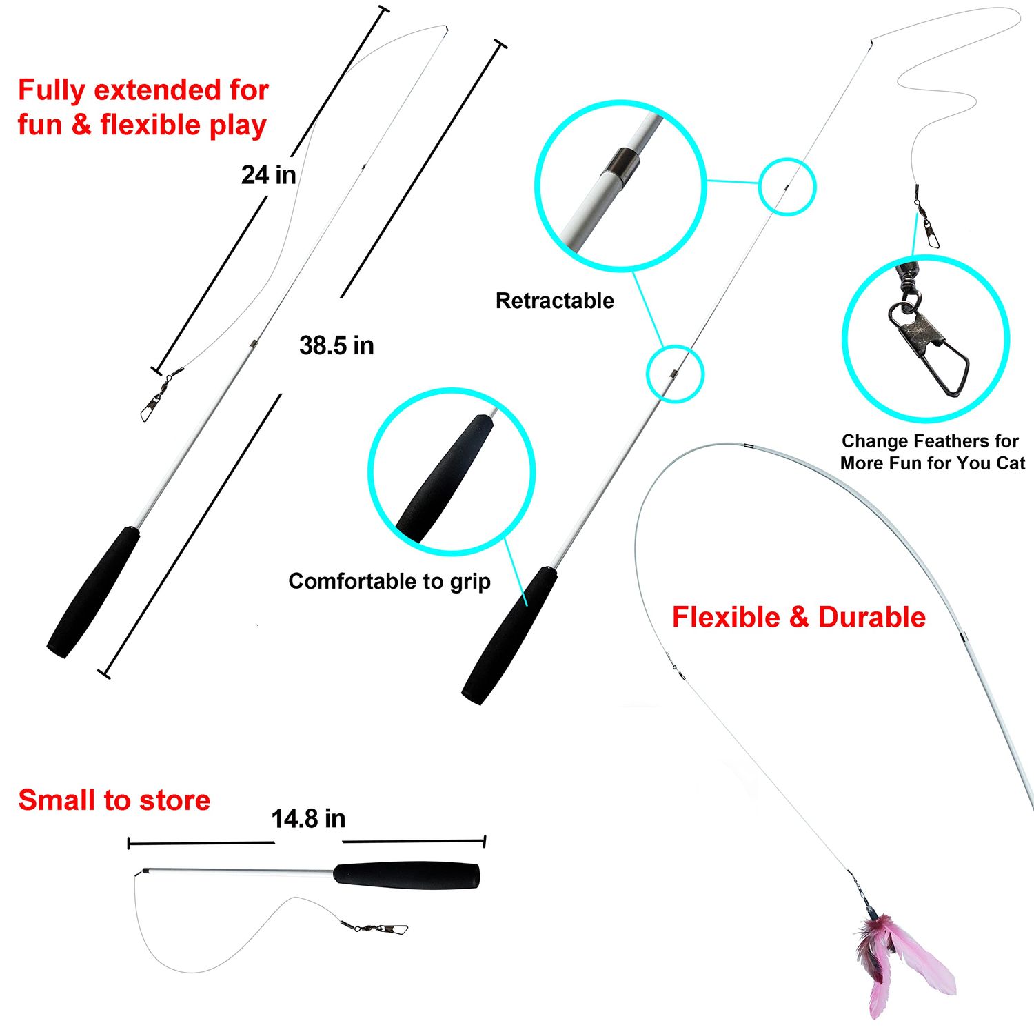 Youngever 6 Pieces Cat Toys Teasing Feather Toy, Retractable Wand with Assorted Teaser Refills, Interactive Toy for Kitten Cat
