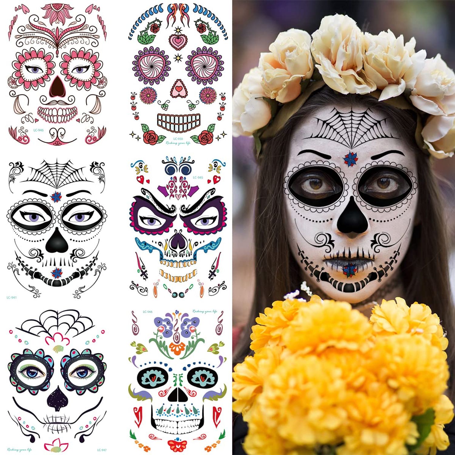 2024 Halloween Temporary Face Tattoo Sticker, Day of The Dead Full Face Makeup for Party Costume Sugar Skull Floral Skeleton Web Red Roses Tattoos(Style A)