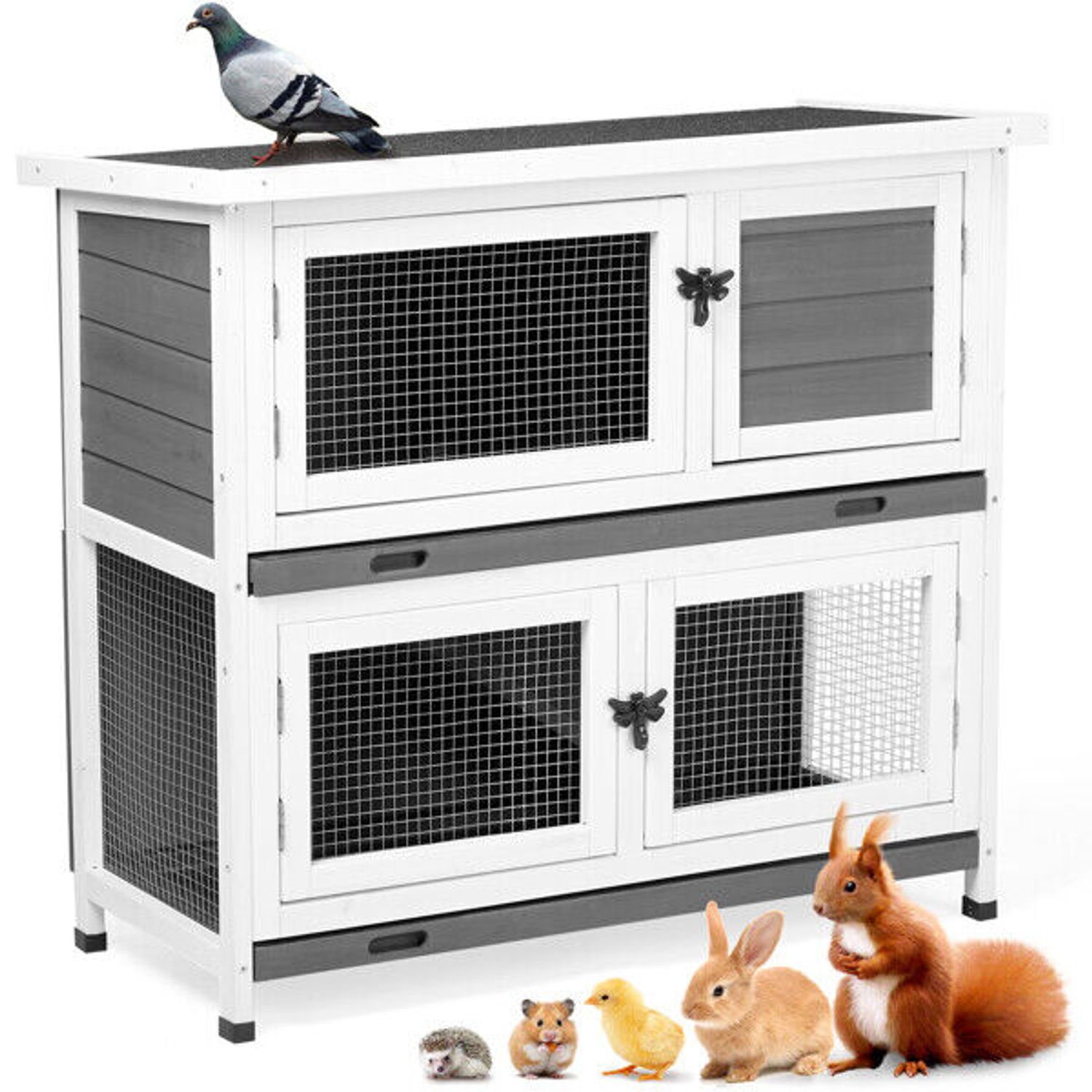 Indoor Outdoor 2 Story Solid Wood Rabbit Hutch Guinea Pig Cage Pet House Grey