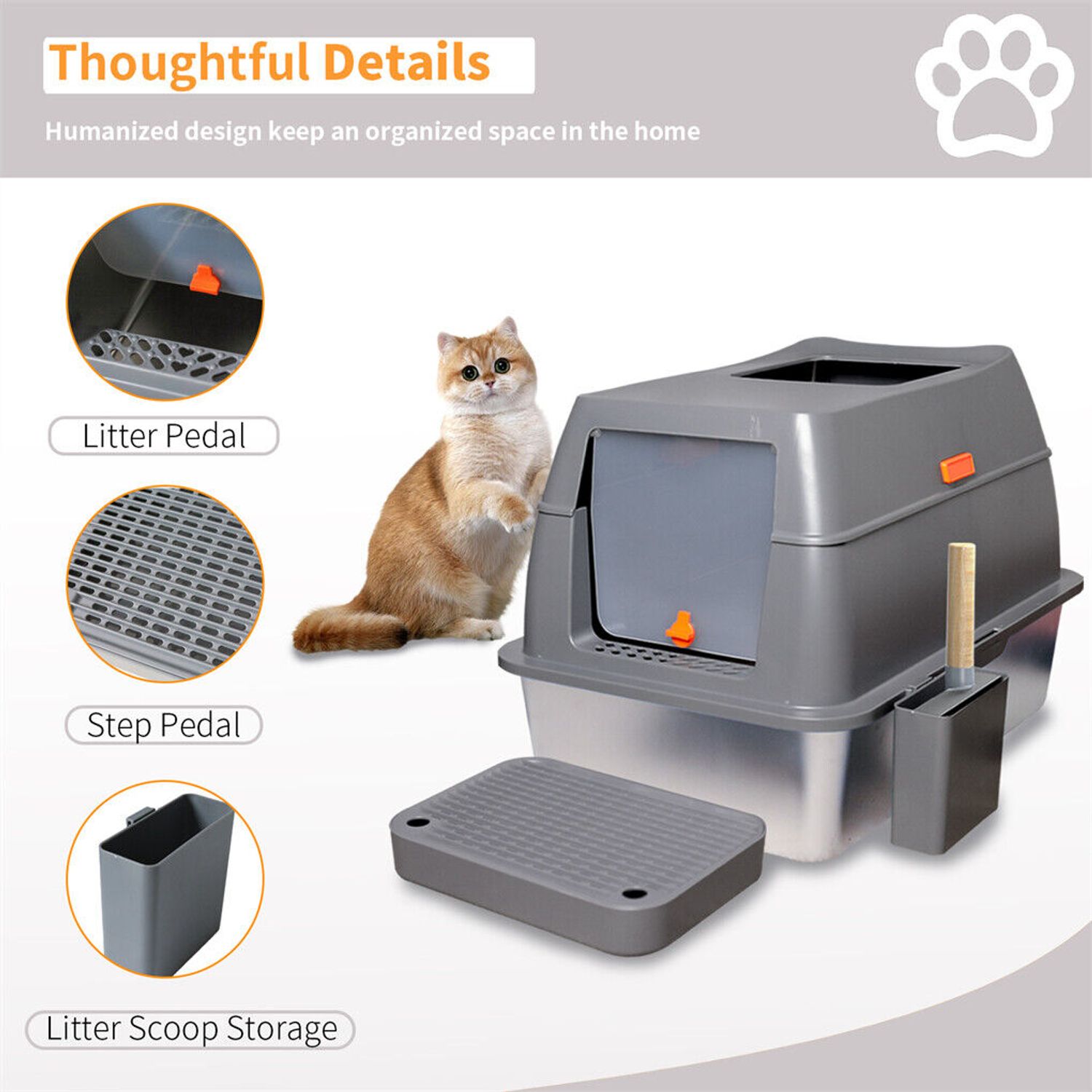 Large Enclosed Cat Litter Pan Easy Cleaning Stainless Steel Cat Toilet Box w Lid