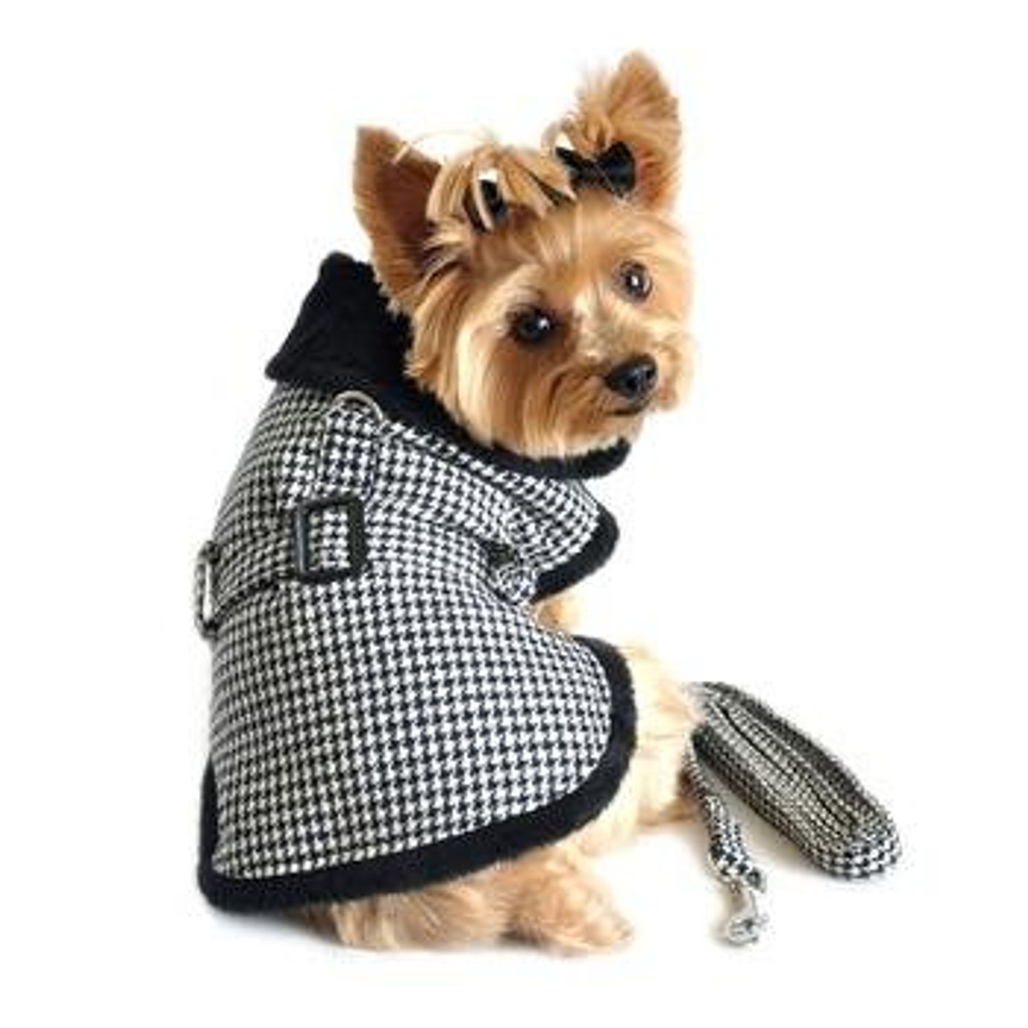 Black and White Classic Houndstooth Dog Harness Coat with Leash (S)