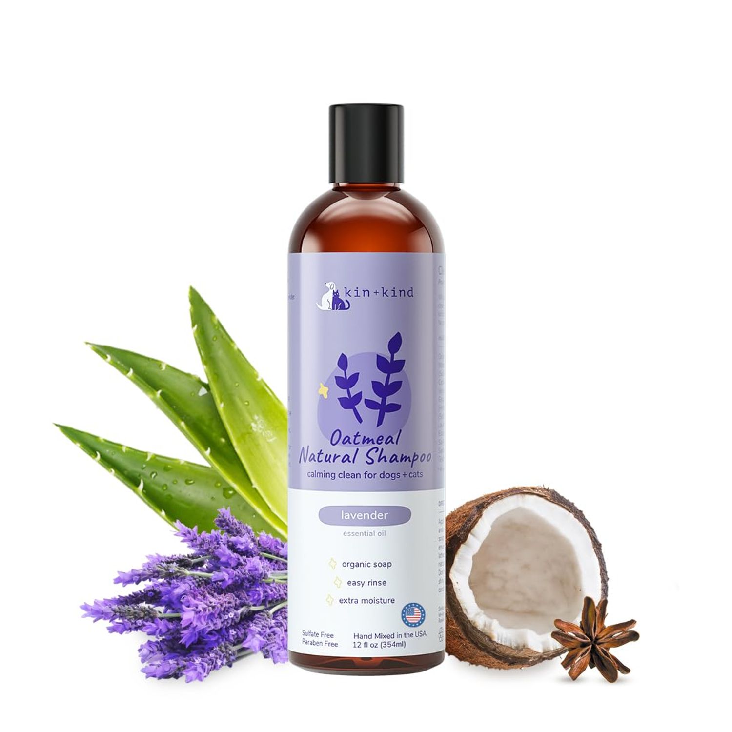 kin+kind Oatmeal Shampoo Lavender for Dogs & Cats Natural Dog Shampoo for Itchy & Sensitive Skin with Colloidal Oatmeal, Olive Oil & Coconut Oil Moisturizing & Safe Pet Shampoo Made in USA (12 fl oz)