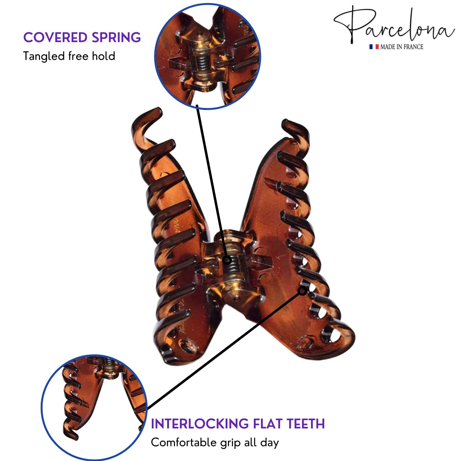 Parcelona French Skinny Boss Small 2 1/4" Black N Shell Celluloid Acetate Claw with Tight Spring Set of 2 Jaw Hair Claw Clips for Fine Hair, Made in France