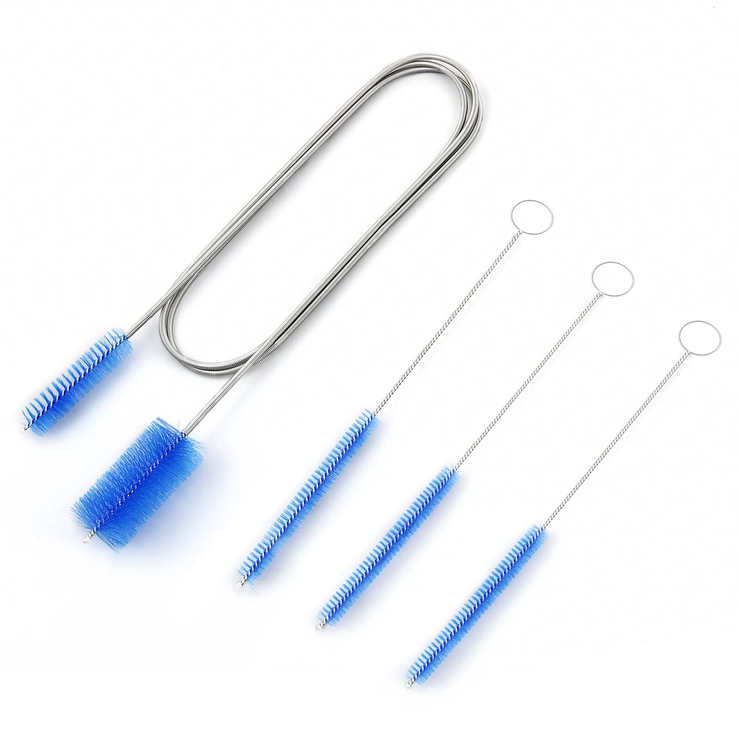 Flexible Drain Brush Cleaner Kit – CPAP Hose Cleaner 5ft Long Elastic Double Head Nylon Cleaning Brush + 3pcs 10” Straw Brushes for Aquarium Water Filter Pipe Air Tube Fish Tank Tub Sinks Glass Vase