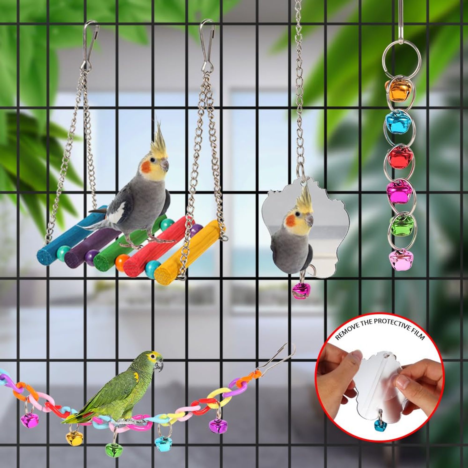 YIXUND Bird Toys for Parakeets 9Pcs,Bird Wooden Ladder Bridge Parrots Toys Budgie Toys Bird Cage Accessories,Swing Hammock for Conure,Cockatiel,Love Birds, Finches, Mynah,Budgerigar