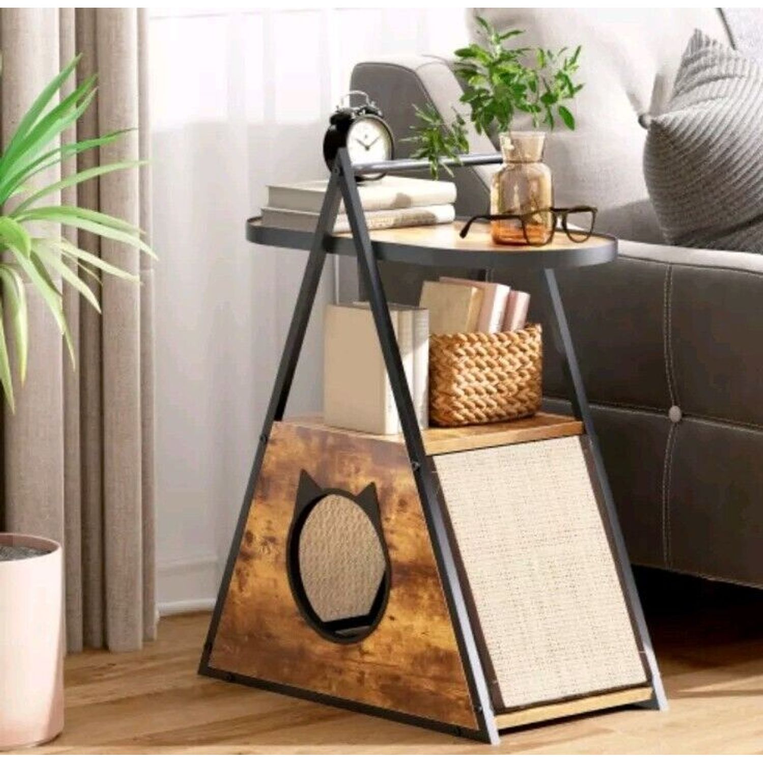 Cat House End Table Wood Cat Condo Black Vintage Pet Furniture Scratching  Board