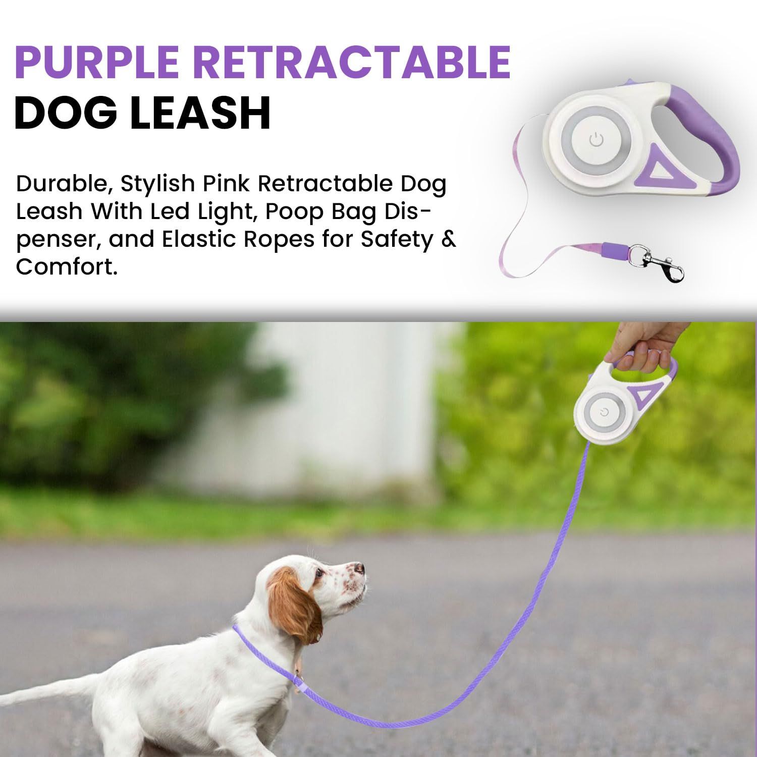 Best Dog Supplies | Pink Retractable Dog Leash with Light, Poop Bag Dispenser, Poop Bag Holder, 2 Elastic Ropes | Set of 4 (Purple)